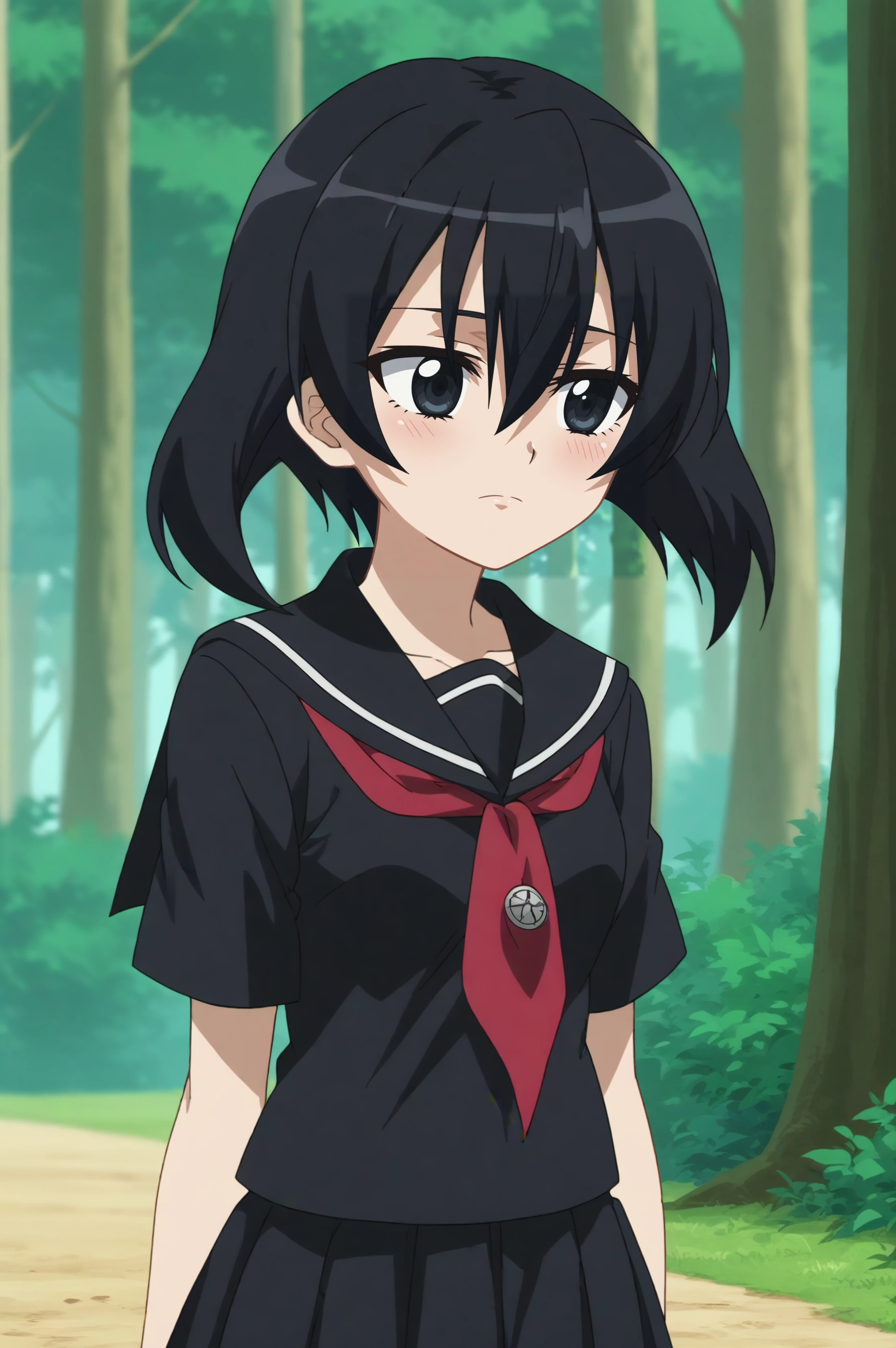 kurome,anime screencap,1girl,solo,school uniform,serafuku,black serafuku,short hair,skirt,outdoors,dark forest,hair between eyes,pantyhose <lora:Kurome.safetensors:0.8>