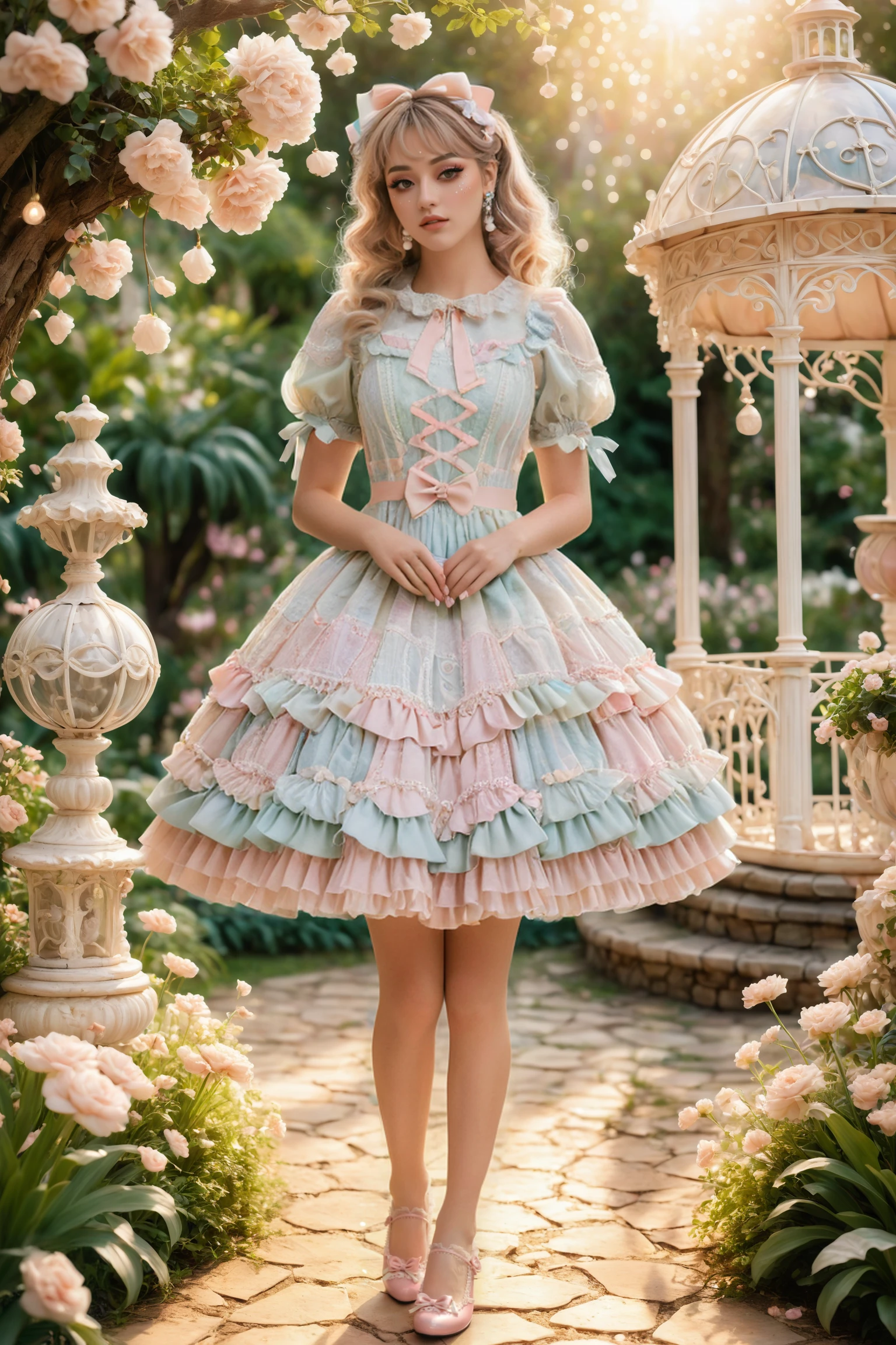 highly detailed (full body photograph) of a young woman 
wearing an extravagant soft pastel sweetegl dress, intricate lace, bows, and frills, voluminous skirt and puffy sleeves 
standing in a whimsical, fairy-tale-like garden with blooming flowers, twinkling fairy lights, charming gazebo in the background
bathed in soft, dreamy light
<lora:sweetlolitaXLv6(150):1.5>