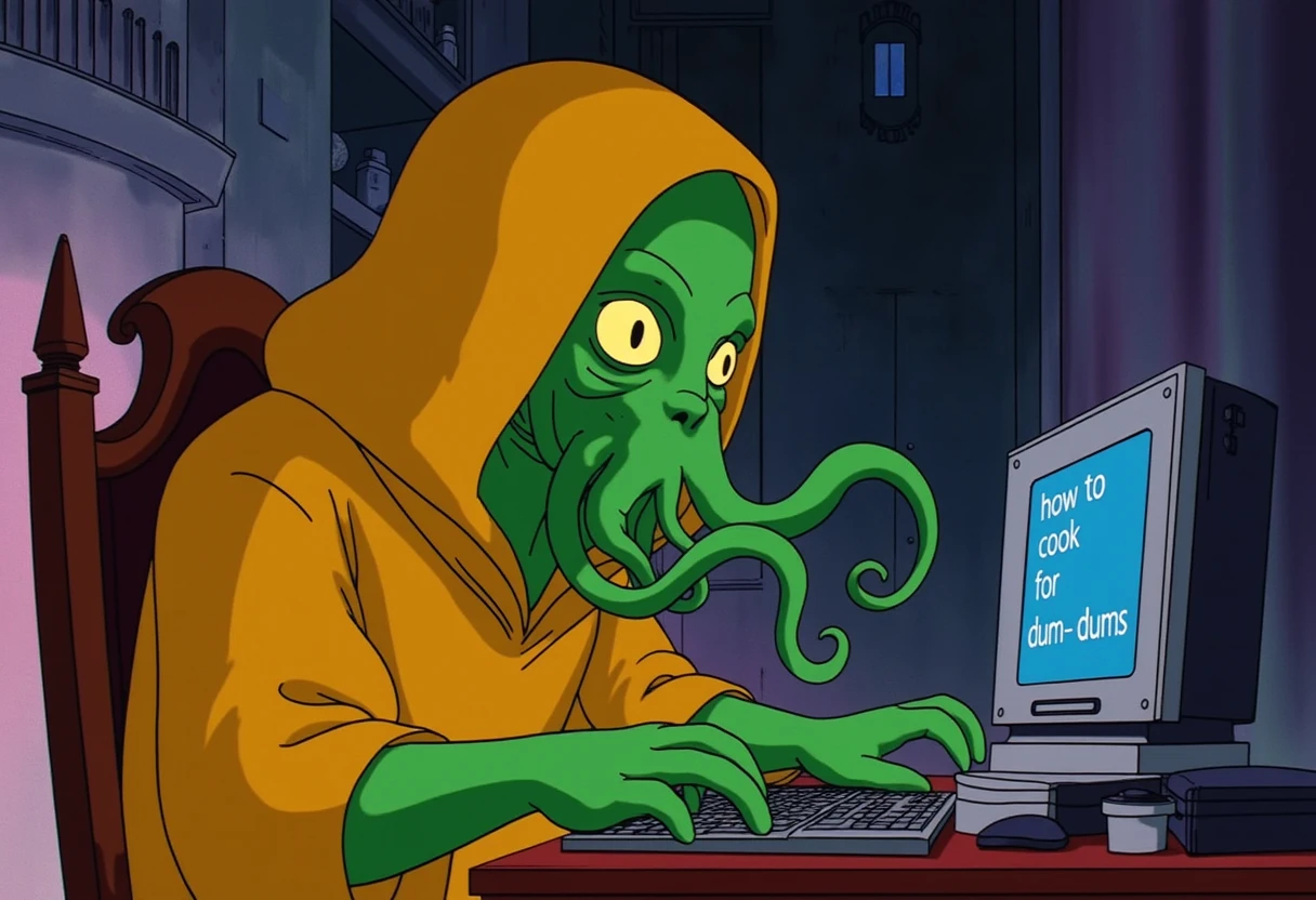 <lora:slrmn_flux_EliPot:1>  anime Cthulhu creature wearing a yellow hooded robe and yellow eyes sitting in a castle at a computer desk with a desktop pc and monitor on desk, with text on the monitor that reads "how to cook for dum-dums"