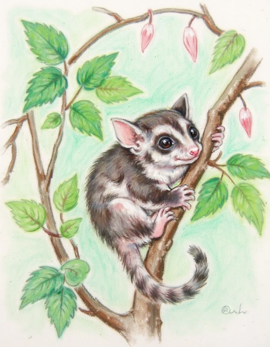 pastel drawing of an adorable sugar glider in the upper branches of its forest