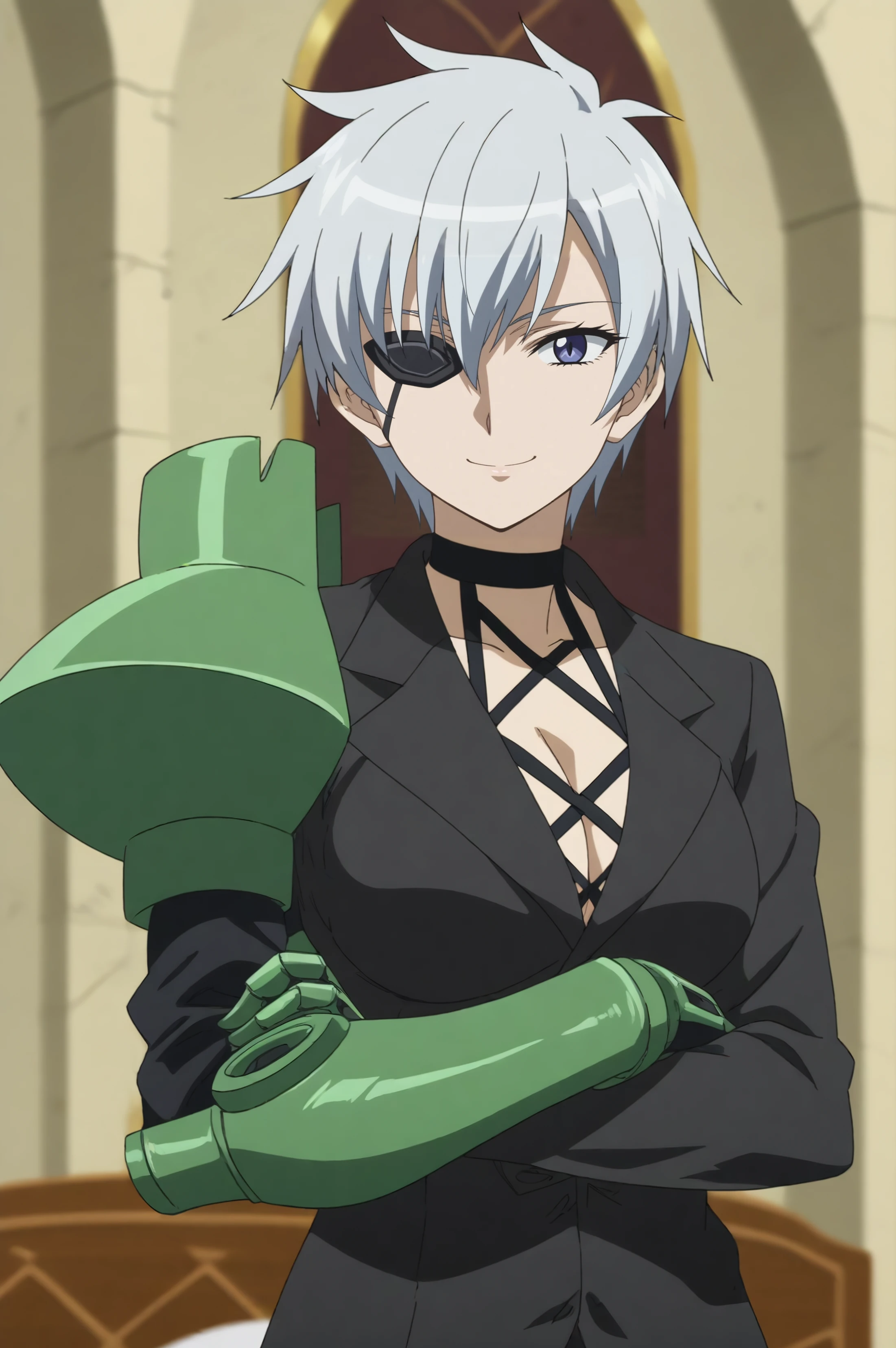 najenda,anime screencap,1girl,solo,mature,short hair,eyepatch,choker,prosthesis,indoors,old castle,grey hair,smile,looking at viewer <lora:Najenda.safetensors:0.8>