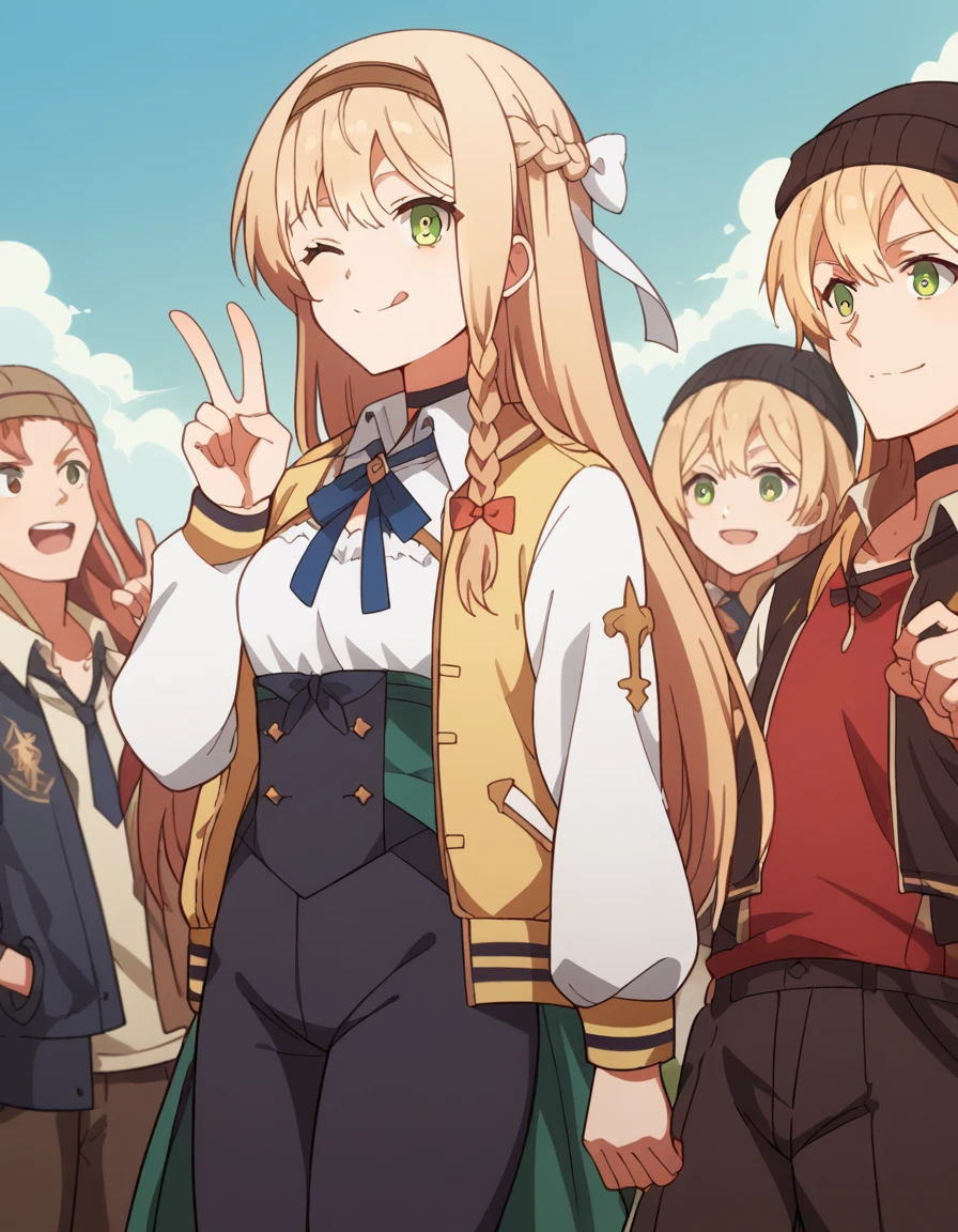 score_9, score_8_up, score_7_up, source_anime, <lora:klaudia-valentz-s1-ponyxl-lora-nochekaiser:1>, klaudia valentz, long hair, blonde hair, bow, ribbon, green eyes, braid, hairband, side braid,, <lora:letterman-jacket-ponyxl-lora-nochekaiser:1>, letterman jacket, jacket,, outdoors, crowd, people, v, v over eye, one eye closed, tongue out, smile, beanie, pants, open clothes, open jacket, , cowboy shot, dutch angle