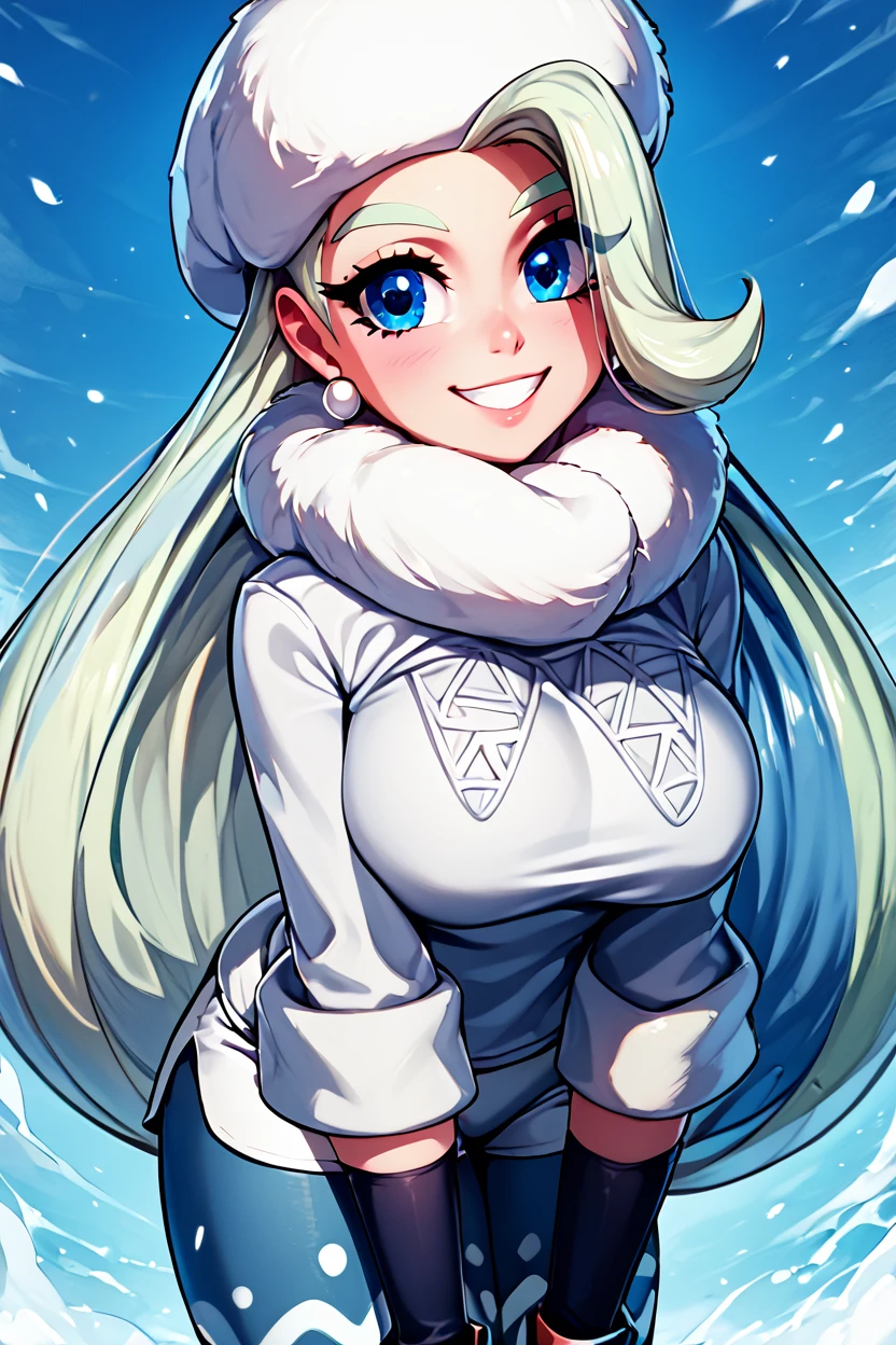 score_9, score_8_up, score_8, medium breasts, (curvy), cute, eyelashes,       BREAK, , zzMelony, blue eyes, white hair, long hair, huge breasts,  fur hat, white scarf, white sweater, white shorts, leggings, white boots,  <lora:Melony_Pokemon_PDXL_Citron:0.8>, , BREAK, looking at viewer,  smile, upper body, leaning forward, head tilt,  embedding:zPDXL, Expressiveh, <lora:theButcherXPDXL:1.0>, <lora:CatalystStylePDXL:0.6>,  <lora:SDXLFaeTastic2400:0.5>,  <lora:Expressive_H-000001:0.4>,