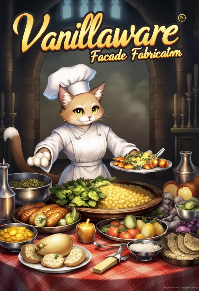 vanillaware, a delicious feast of food being served by a chef cat furry with cat paws.  Large text near the top of the image says "Vanillaware Facade Fabricator"  