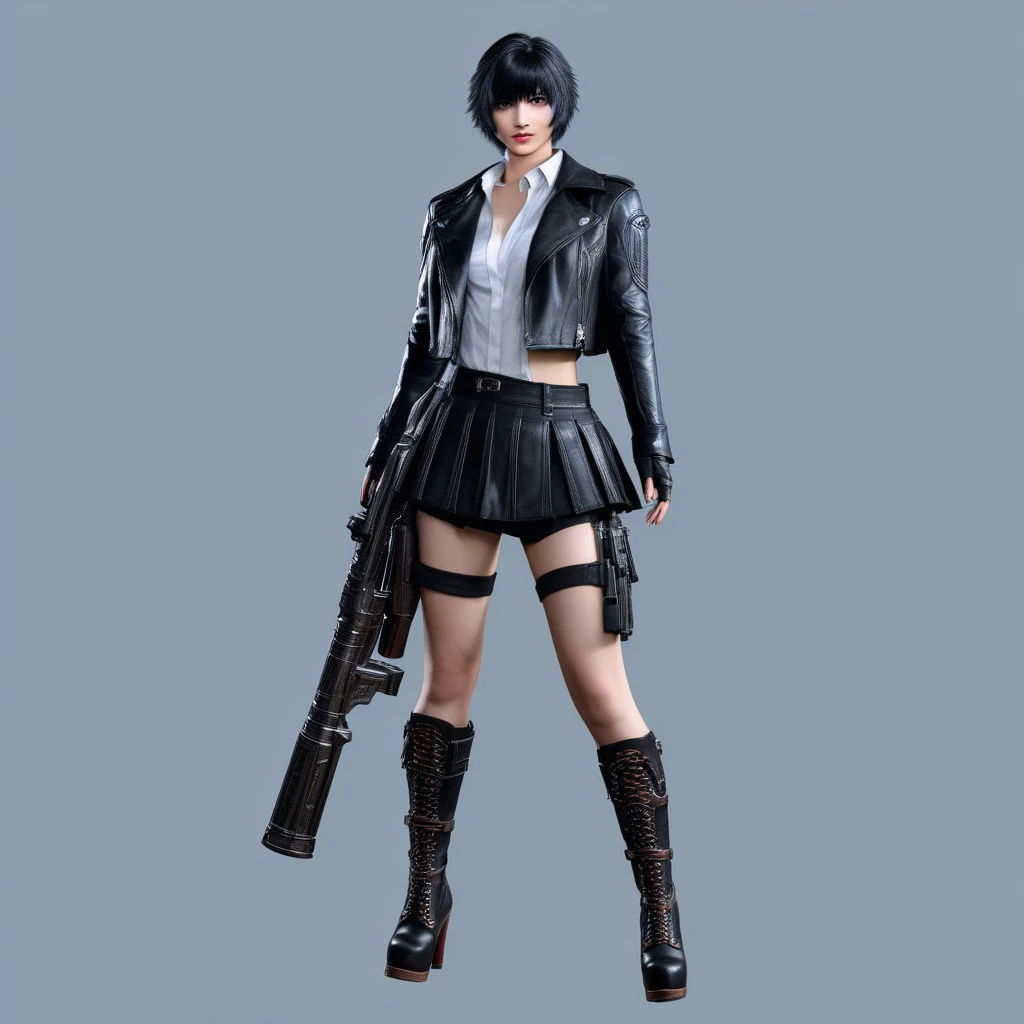 ultra hyper detailed Lady from Devil May Cry 5 video game with short black hair in a mini skirt and boots holding a giant weapon, ultra hyper detailed face features, full-cosplay, professional cosplay, Lady character from video game,anime cosplay, holding a giant weapon, Lady huge weapon from video game,fullbody wide shot, cinematic volumetric lighting, ultra hyper realistic image shot with Sony Fx6