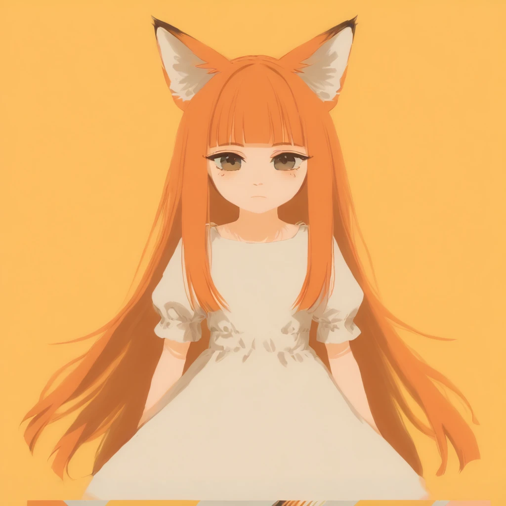 lowres, jaggy lines, limited palette, pastel colors, 
girl, fox ears, [blonde:ginger:0.2] hair, brown eyes, long hair, blunt bangs, long bangs, white sundress, small breasts,puffy short sleeves, light orange background
<lora:Lo-fi_and_cute_r1:1>,<lora:StS_age_slider_v1_initial_release:2>, <lora:anti_human_ears:1>