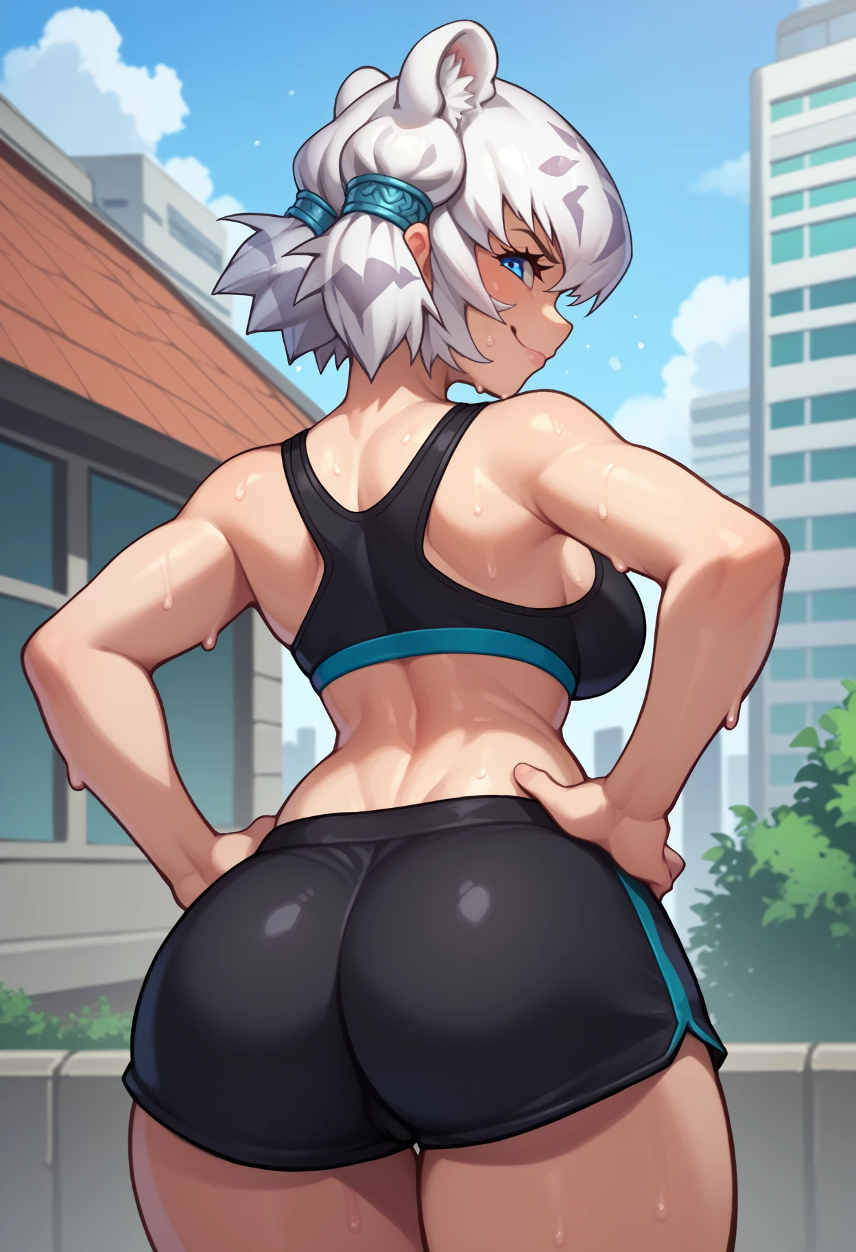 score_9, score_8_up, score_7_up, <break> from behind, solo, 1girl, kfbyakko, tiger tail, sweat, smirk, looking back, hands on own hips, short twintails, animal ears, extra ears, blue eyes, black sports bra, black shorts, short shorts, large breasts, ass, outdoors, city
<segment:yolo-face_yolov8m.pt,0.35,0.5//cid=1>