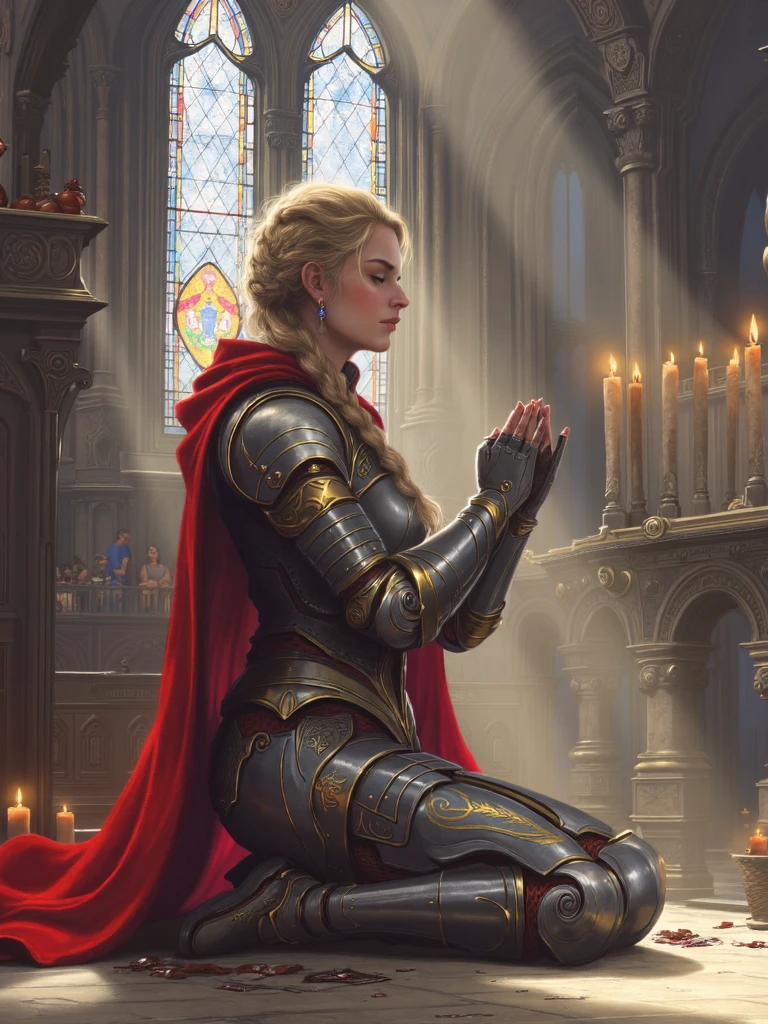 burda style illustration, grungetech, distant shot of paladin woman in ornate armor and red cape praying on her knees, closed eyes, ornate silver armor with big golden shoulder pads, blonde hair with longe single braid, beam of light falls on her body, light made caustic effects because of stained glass windows and dim glowing candles,<lora:SXZ_Burda_Flux:1>