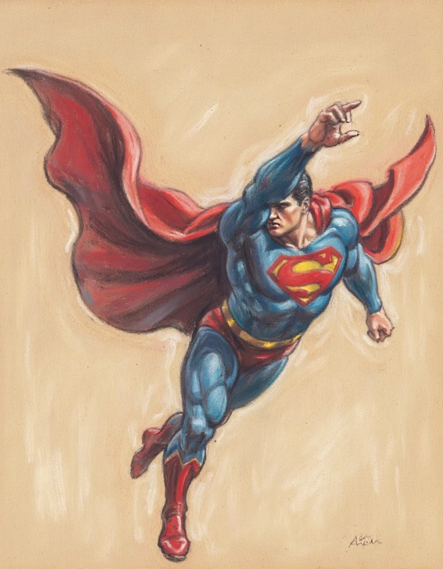 pastel drawing on toned paper portrait of superman in flight in a dramatic and powerful pose