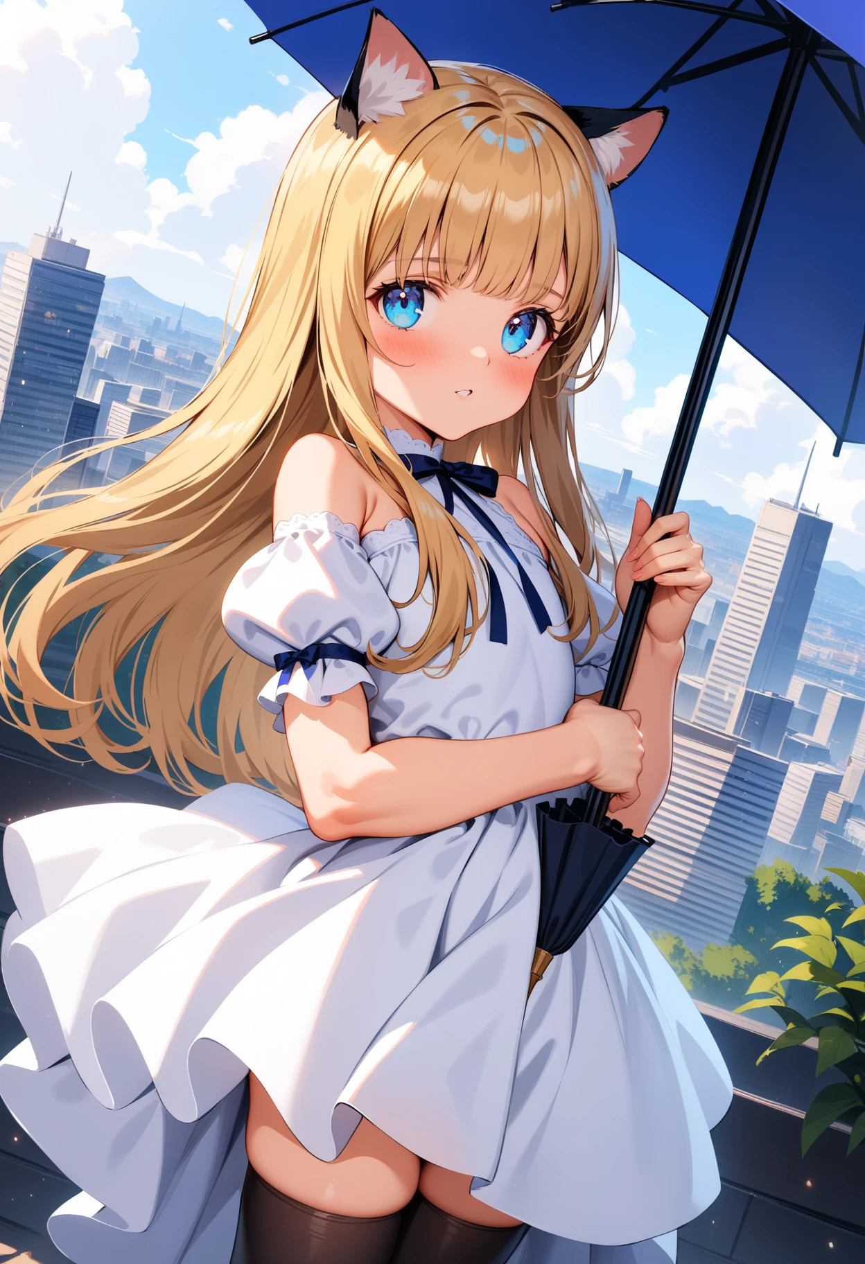 masterpiece,best quality,very aesthetic,absurdres,intricate details,1girl,
<lora:ema_v1:1>,ema,blue eyes,blonde hair,long hair,black thighhighs,looking at viewer,parted lips,bare shoulders,
city,Skyscraper,<lora:Fixhands_anime_bdsqlsz_V1:1>,blush,simple background,dress,ribbon,holding,animal ears,standing,short sleeves,puffy sleeves,cat ears,white dress,puffy short sleeves,umbrella,blue background,looking up,white ribbon,holding umbrella,closed umbrella,, masterpiece,best quality, very aesthetic, absurdres, ultra detailed, high resolution, 4k, extremely detailed CG,