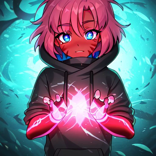 (masterpiece, best quality) girl, (red skin made of fish scales), ((pink hands glow)), ((blue fingers glow)) ,blue eyes, short bob hair, black hoodie,