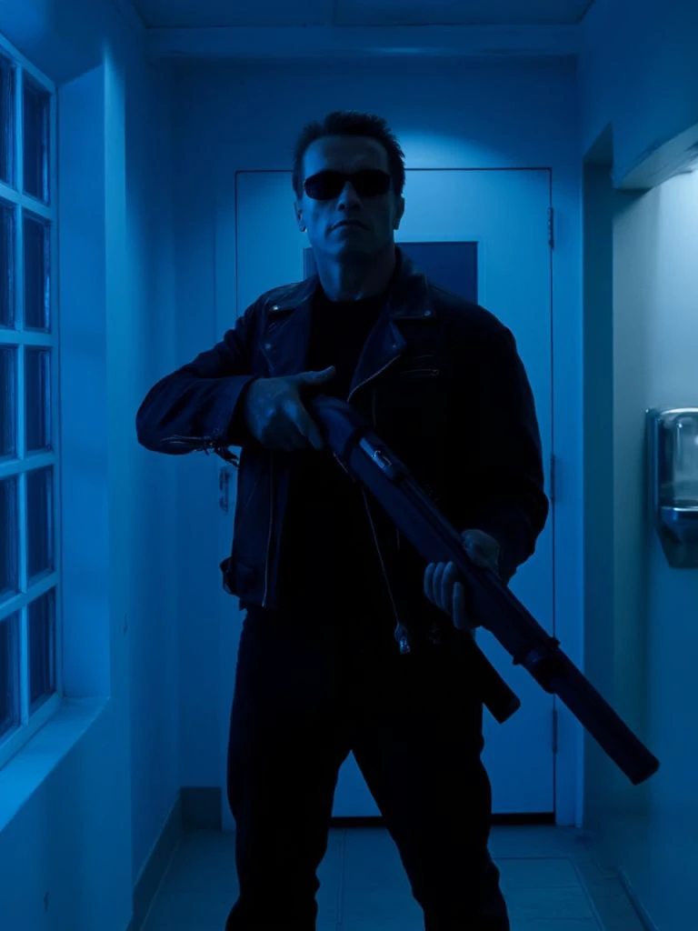 Arnold Schwarzenegger, as terminator, a dramatic scene with a dark, moody atmosphere. A T800Arnold man dressed in a black leather jacket, black pants, and black sunglasses, standing in a corridor at night. He has short, slicked-back hair and is holding a large, black shotgun in a ready position. The lighting is predominantly blue, casting a cool tone, with shadows enhancing the intensity of the scene.
The background reveals a sterile, industrial environment with white walls and a ceiling. To the left, there is a grid of square glass windows, partially obscured by shadows. The right side of the image shows a partially open door leading into another room, with a glimpse of a metallic drinking fountain mounted on the wall.
The man's expression is stern and focused, adding to the tension and suspense of the moment. The textures of the leather jacket and the shotgun are visible, adding a sense of realism and authenticity to the scene. The overall composition and lighting contribute to the gritty style, emphasizing the theme of impending danger and action. <lora:T800Arnold_Flux_r1:1>, <lora:Dever_Flux_Enhancer:0.5>, <lora:flux_realism_lora:1>