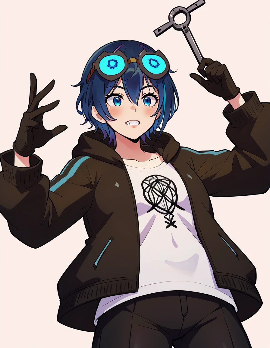 anime artwork kanovt <lora:kanoVT-000009:0.9>, 1boy, 1girl, :3, blue_eyes, blue_hair, eyebrows_visible_through_hair, eyewear_on_head, from_below, gloves, hair_between_eyes, hood, jacket, kanovt, long_sleeves, pants,  score_8_up, score_9, shirt, short_hair,solo, standing, striped, teeth, traditional_media, virtual_youtuber . anime style, key visual, vibrant, studio anime,  highly detailed