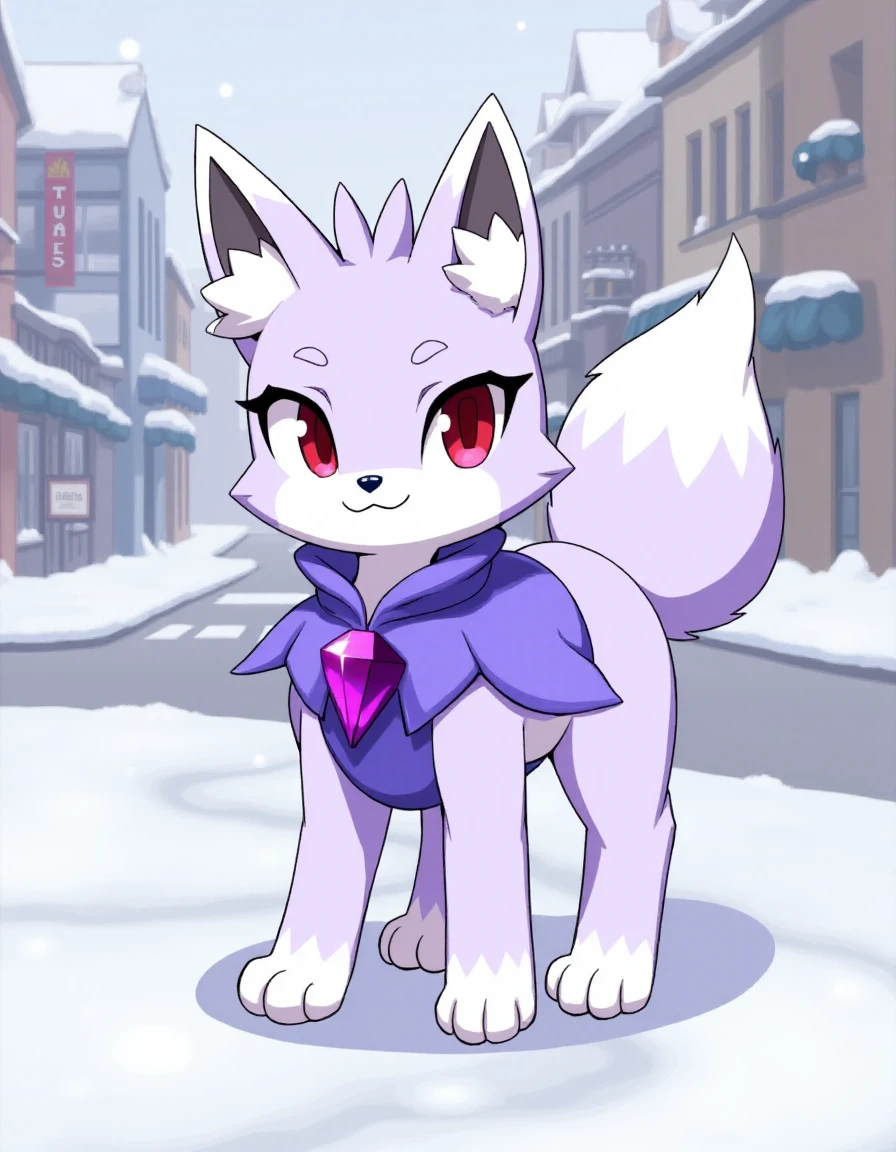 (<lora:Nox_epoch_5:1.3>,nox_(pal), Periwinkle fur,purple chest crystal,capelet, Red eyes,black pupils, dipstick tail, white ears:1.2, dipstick ears,white paws, small dark blue nose,),
(Anthro:1.2),female,happy,paws,pawpads,
snow covered city,Sign for Fish & Chips,