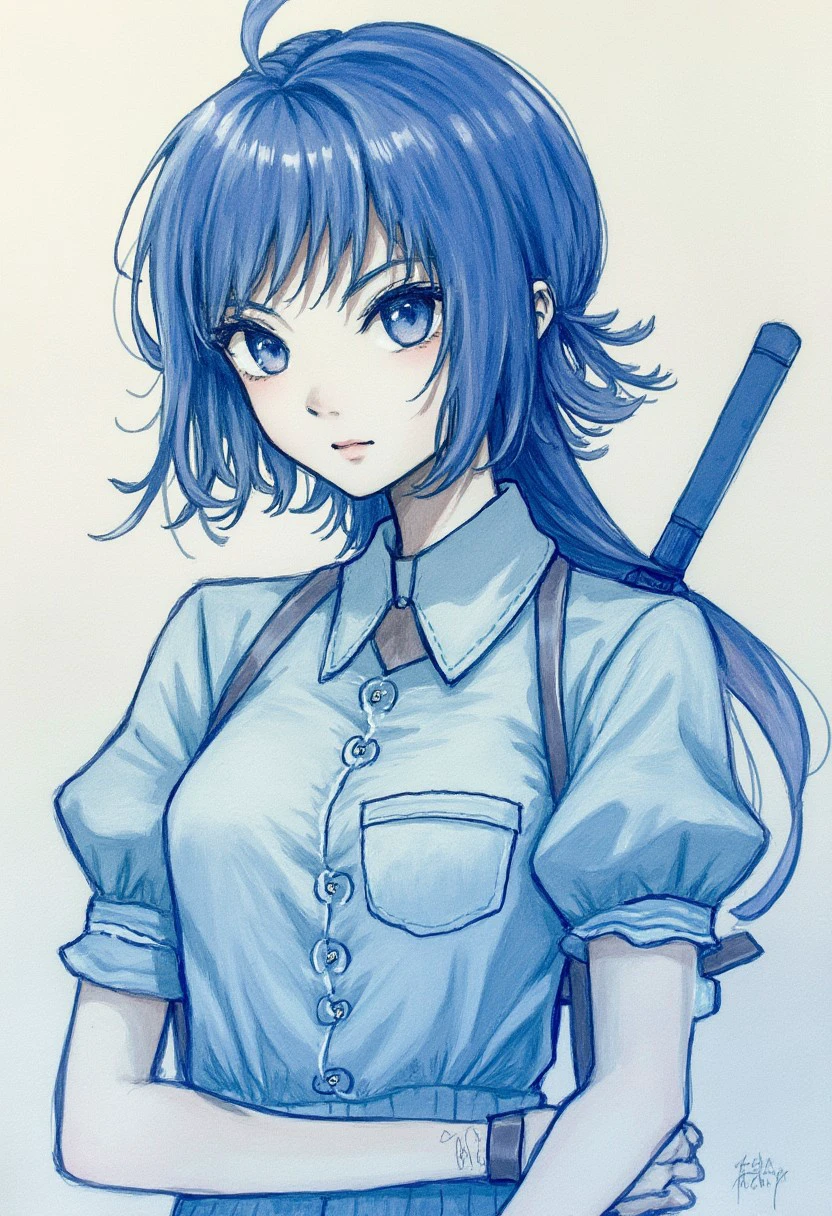 An detailed girl with blue Ballpoint pen painting.