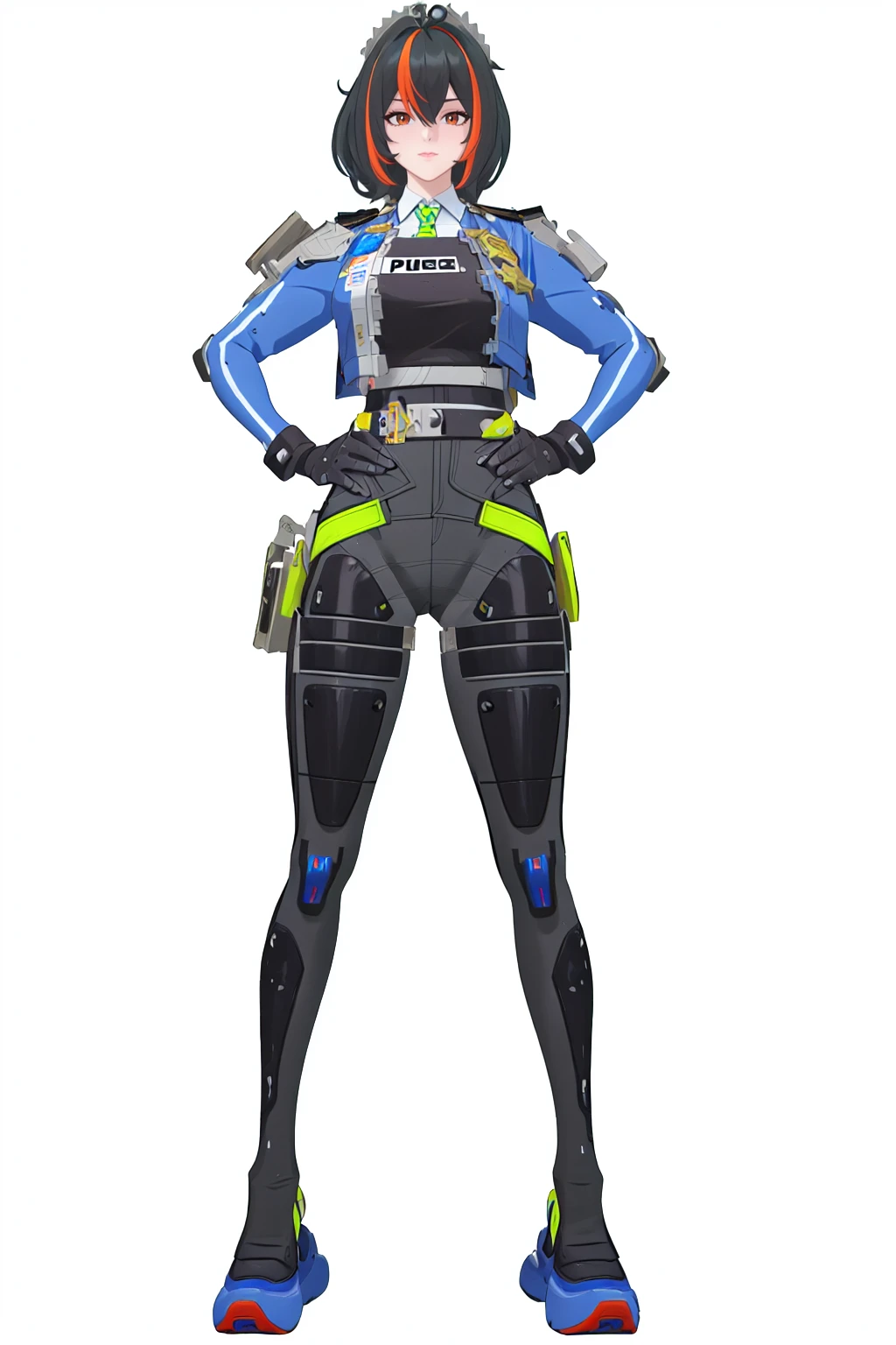 8k, best quality, masterpiece, (ultra-detailed), (high detailed skin), 
(full body:1.25), (white background:1.4), (simple background), standing, looking at viewer, (solo:1.2), hands on hips, 
<lora:zhuyuan-sd-Tanger:1>, zhuyuan, default clothes, Police combat uniforms, 1girl, multicolored hair, black hair, blue jacket, gloves, streaked hair,