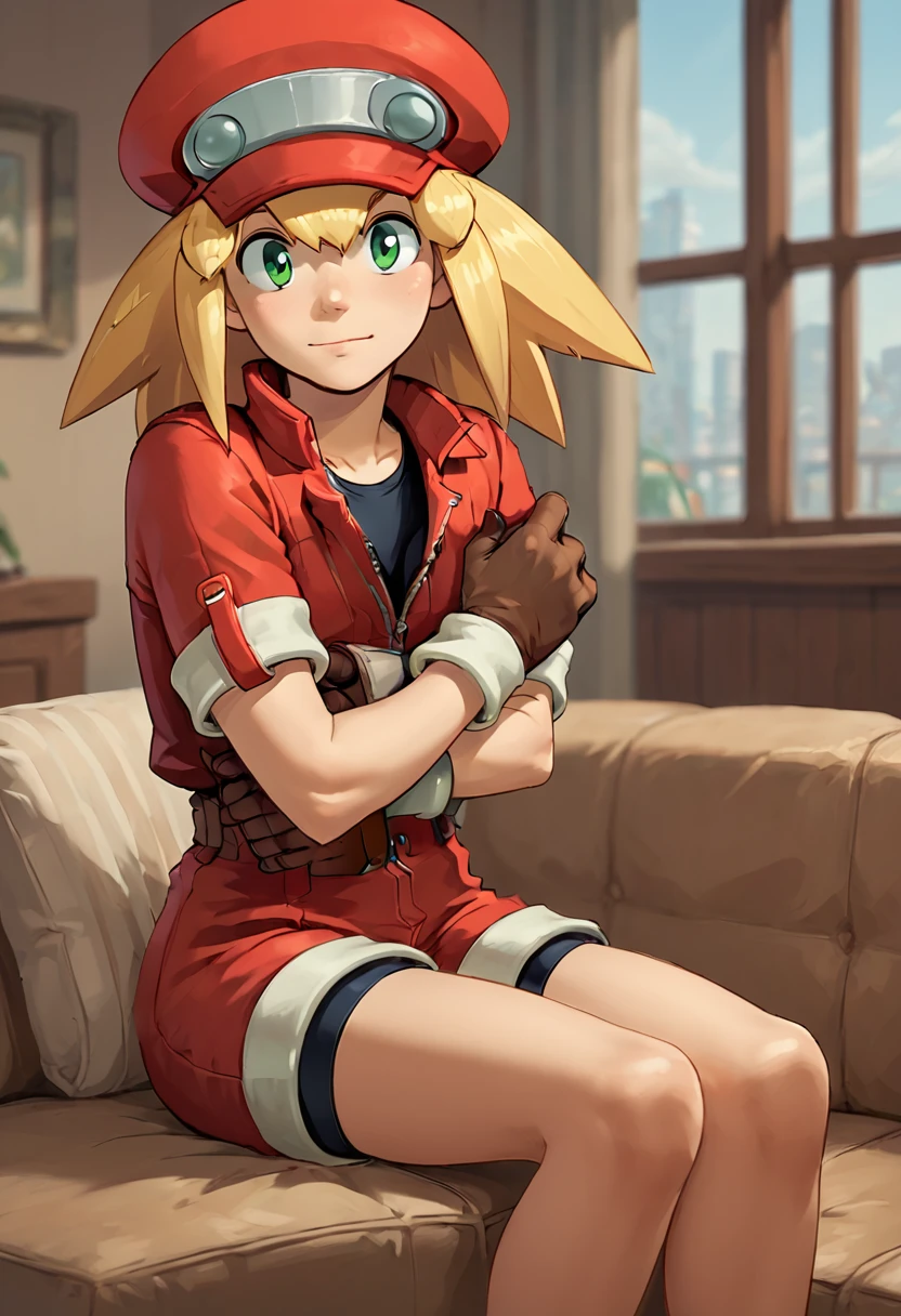 score_9, score_8_up, score_7_up, score_6_up,
BREAK,
 <lora:Roll_Caskett_Mega_Man_Legends_for_PonyXL:0.8> 1girl, r0ll, blonde hair, green eyes, cabbie hat, gloves, red jacket, red shorts
sitting on couch, living room, window,