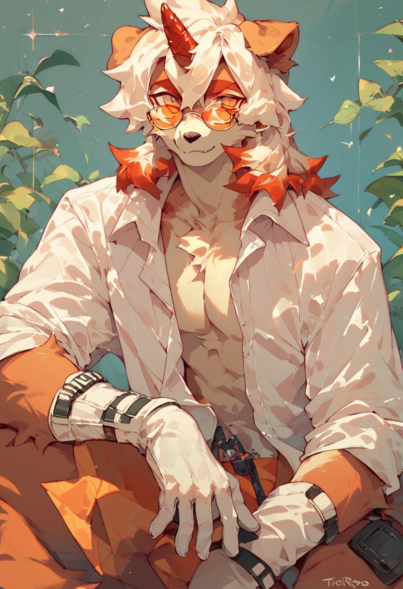 score_9, score_8_up, score_7_up, score_6_up, furry, anthro, solo, hung, perro, arknights, two-tone fur, medium hair, white hair, single horn, orange eyes, seductive, aviator glasses, white shirt, open shirt, white gloves, legs out of frame, <lora:add-detail-xl:3>, <lora:Hung:1>