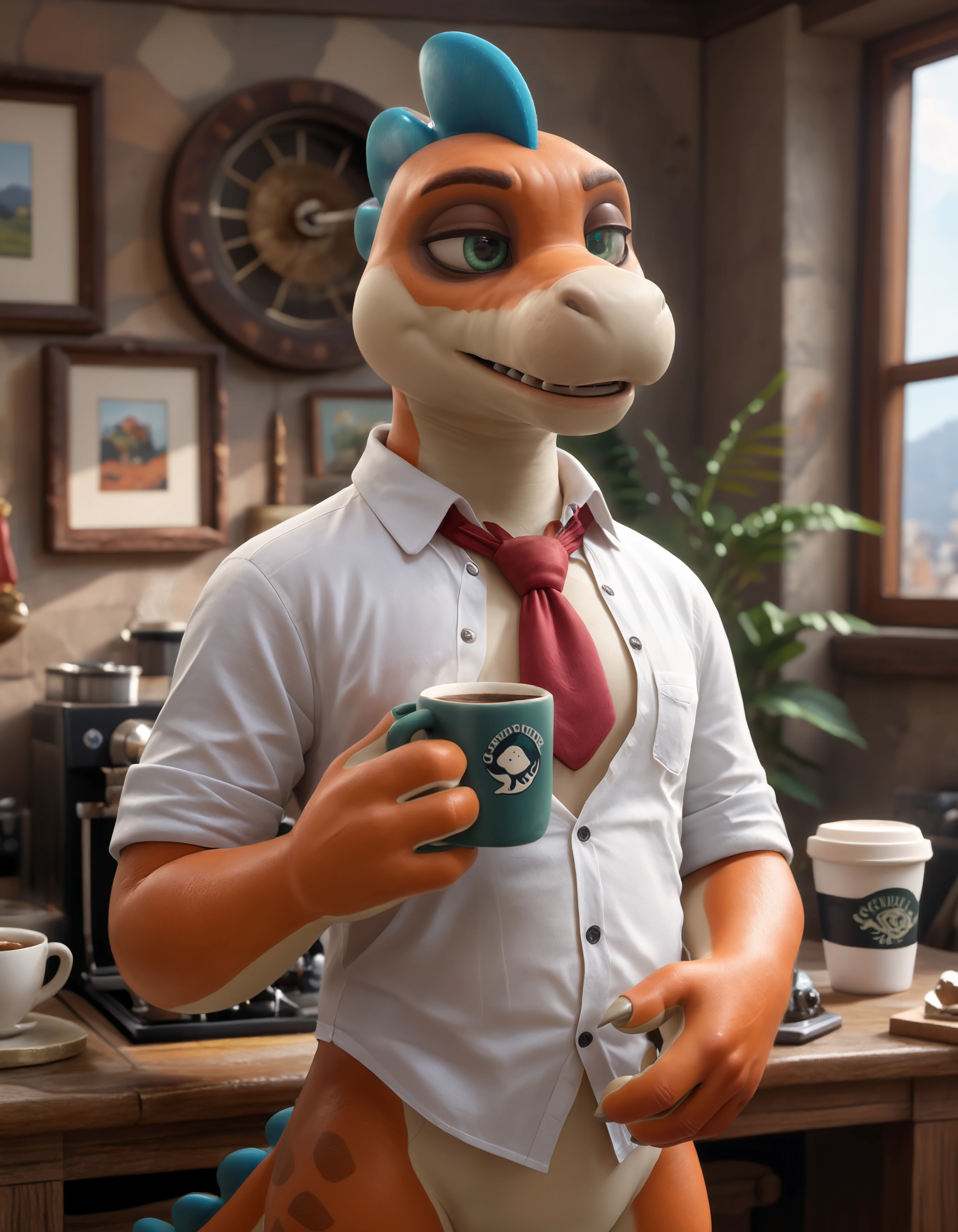 score_9, score_8_up, score_7_up, BREAK (anthro, furry:1.1), depth of field, cinematic lighting, masterpiece, (detailed teeth, detailed hands:1.25), best quality, ultra realistic, 4k, 2k, film photography, RAW photo, photorealistic, analog style, subsurface scattering, photorealism, embedding:unaestheticXL_bp5, embedding:zPDXL,(best quality, high quality, 8K:1.5), <lora:add-detail-xl:2.5>, <lora:fix_hands.safetensors:2.0>, <lora:2.5DRealisticV2.safetensors:0.3>, <lora:sinfully_stylish_SDXL.safetensors:0.6>, <lora:AdvancedEnhancerXLv2.safetensors:1.0>, (hi res), ((masterpiece)), ((best quality)), illustration, <lora:Plessie_Super_Mario.safetensors:0.8>, (furry, anthro:1.2), Plessie, dinosaur, marine, girly, plesiosaur, plesiosaurus, prehistoric species, reptile, scalie, ascot, slim body, barefoot, big nose, claws, feet, male, solo, tail, toe claws, (slightly chubby:0.9), green eyes, biped, (hangover, big coffee mug in hand, looking tired, half-closed eyes, moan, buttoned white shirt, red tie, dressed, clothing, partially dressed:1.2),