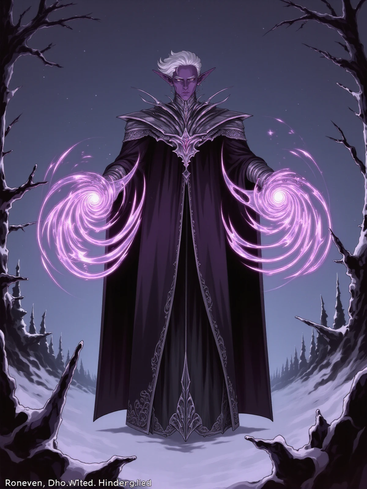 A vAn ultra-detailed, breathtaking digital illustration of Essek, a male drow with a regal appearance. His skin is a deep amethyst purple, laced with subtle lighter veins. His hair is a cascade of snow-white curls, beautifully contrasting his dark skin. He wears an opulent black robe adorned with intricate silver embroidery as a collar that shimmers in the light. A long black cloak billows behind him, moved by an unseen breeze.
Essek is depicted in the act of casting a powerful spell. His hands are enveloped by swirling vortexes of deep purple magical energy, dispersing into the air in luminous spirals. His eyes glow purple, emanating an aura of mystical power.
The background is an ethereal winter landscape. Bare, crystal trees stand stark against a star-studded night sky. Snow falls gently, reflecting the purple light of Essek's magic.
The entire scene is rendered with extraordinary detail, worthy of a masterpiece. Every snowflake, every fold of the cloak, and every spark of magic is defined with near-photographic precision, creating an image that immediately captivates and stimulates the imagination
