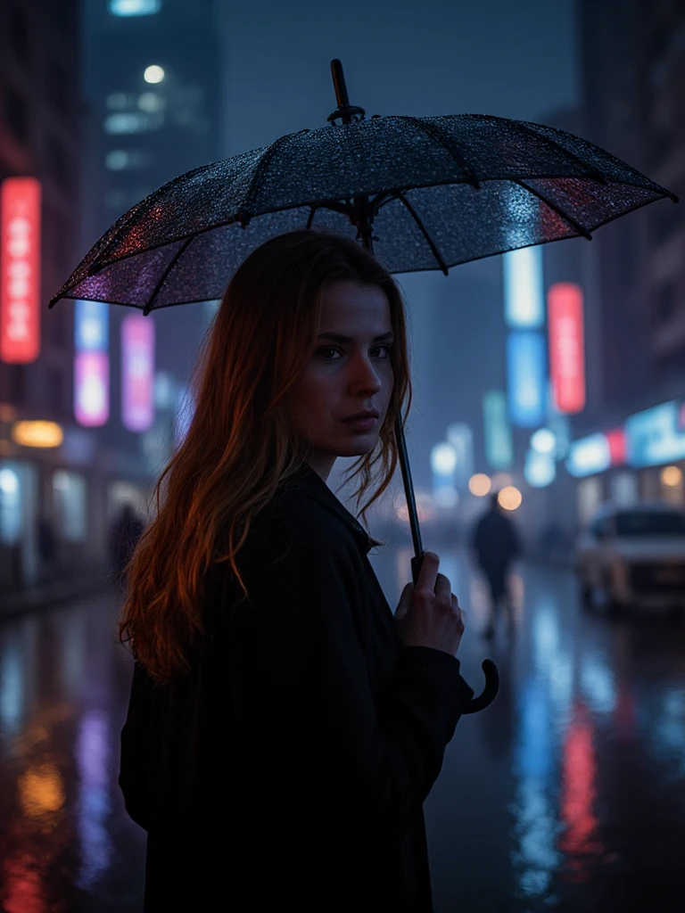 Portrait of Luisa Neubauer woman is standing in Neo Berlin. It is nighttime and raining. She is looking at the camera and holding a futuristic umbrella.