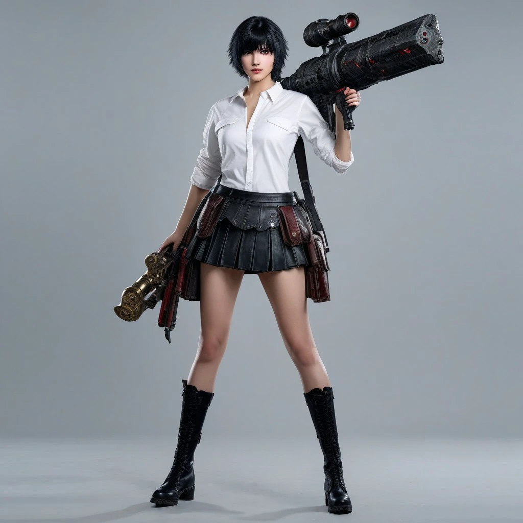 ultra hyper detailed full body of Lady from Devil May Cry 5 video game with short black hair in a mini skirt, wearing a white school shirt and boots holding a giant weapon, ultra hyper detailed face features showing one green eye and one red eye, Heterochromia condition, full-cosplay, professional cosplay, Lady character from video game,anime cosplay, holding a giant weapon, Lady huge weapon from video game,fullbody wide shot, cinematic volumetric lighting, ultra hyper realistic image shot with Sony Fx6