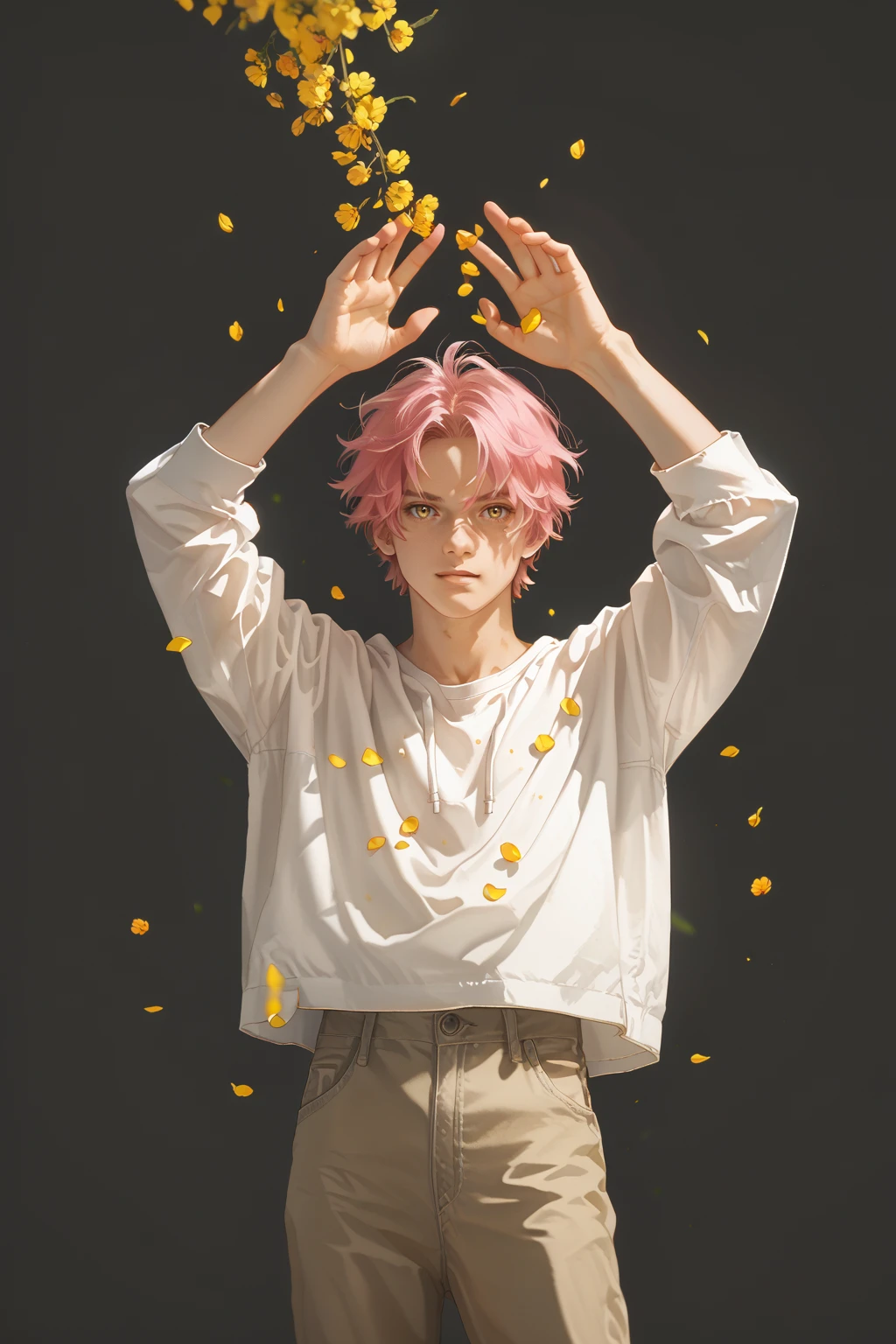 score_9, score_8_up, score_7_up, male, pink hair, yellow petals, random pose, aesthetic, simple grey background, style re, re  <lora:Style_Re:0.8>