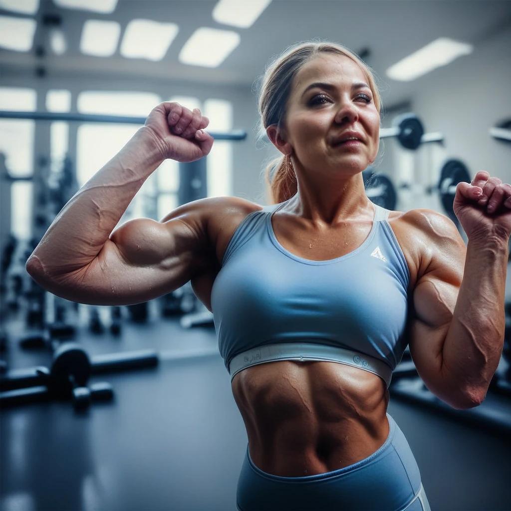 Score_9, score_8_up, score_7_up, realistic, 1girl, muscular, exercising in gym