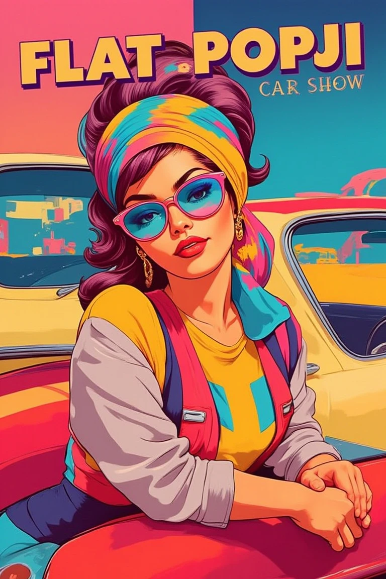 A close-up of a pinup model leaning on a classic car at a retro car show. Her outfit is bright and eye-catching, with a headscarf, retro sunglasses, and bold makeup. The shiny, colorful cars and the bustling background add to the vibrant atmosphere., "FLAT_POPJI" tittle in 3d letters on top, high contrast, Flat-Popji