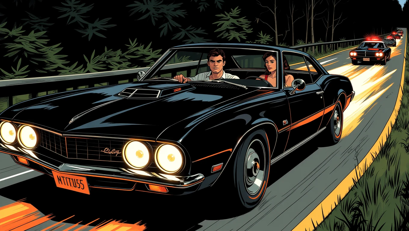 Pulp Cartoon.  A sleek, black car speeds down a winding road at night, its tires screeching around corners. Inside, a man with a determined expression grips the wheel, while a woman in the passenger seat . Behind them, the lights of pursuing police cars flash ominously
<lora:The_Pulp_Session:0.7>