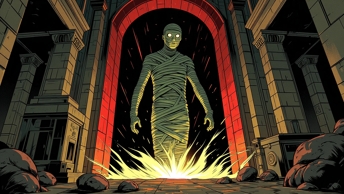 Pulp Cartoon.  A spine-chilling scene of a mummy's curse being unleashed in an ancient tomb. The tomb is filled with intricate carvings, sarcophagi, and ancient relics. The mummy, wrapped in decaying bandages, rises from its sarcophagus, its eyes glowing with an eerie green light. The air is thick with dust, and the walls seem to close in as the curse takes hold. The style is atmospheric and unsettling, capturing the ancient horror and supernatural power of the mummy's curse
<lora:The_Pulp_Session:0.7>