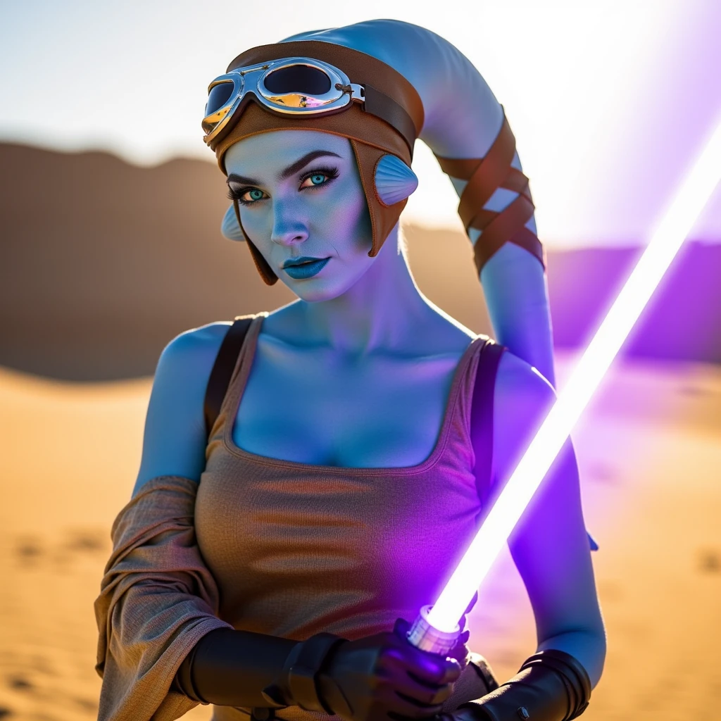 jEDI Twi'lek girl, CYAN skin, icy blue eyes, HOLDING A purple LIGHTSABER, 
A PROMOTIONAL PHOTO, Skin reflecting in the light, DESERT SUN LIGHT