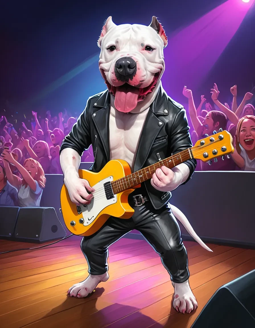 <lora:White_Pitbull_Dog_SDXL:1>  colorful cartoon illustration of a happy White Pitbull Dog wearing a leather suit and pants while playing guitar in a concert hall with stage lights in the background, a crowd cheers him on, vivid neon glow lighting, art by Stephen Bliss