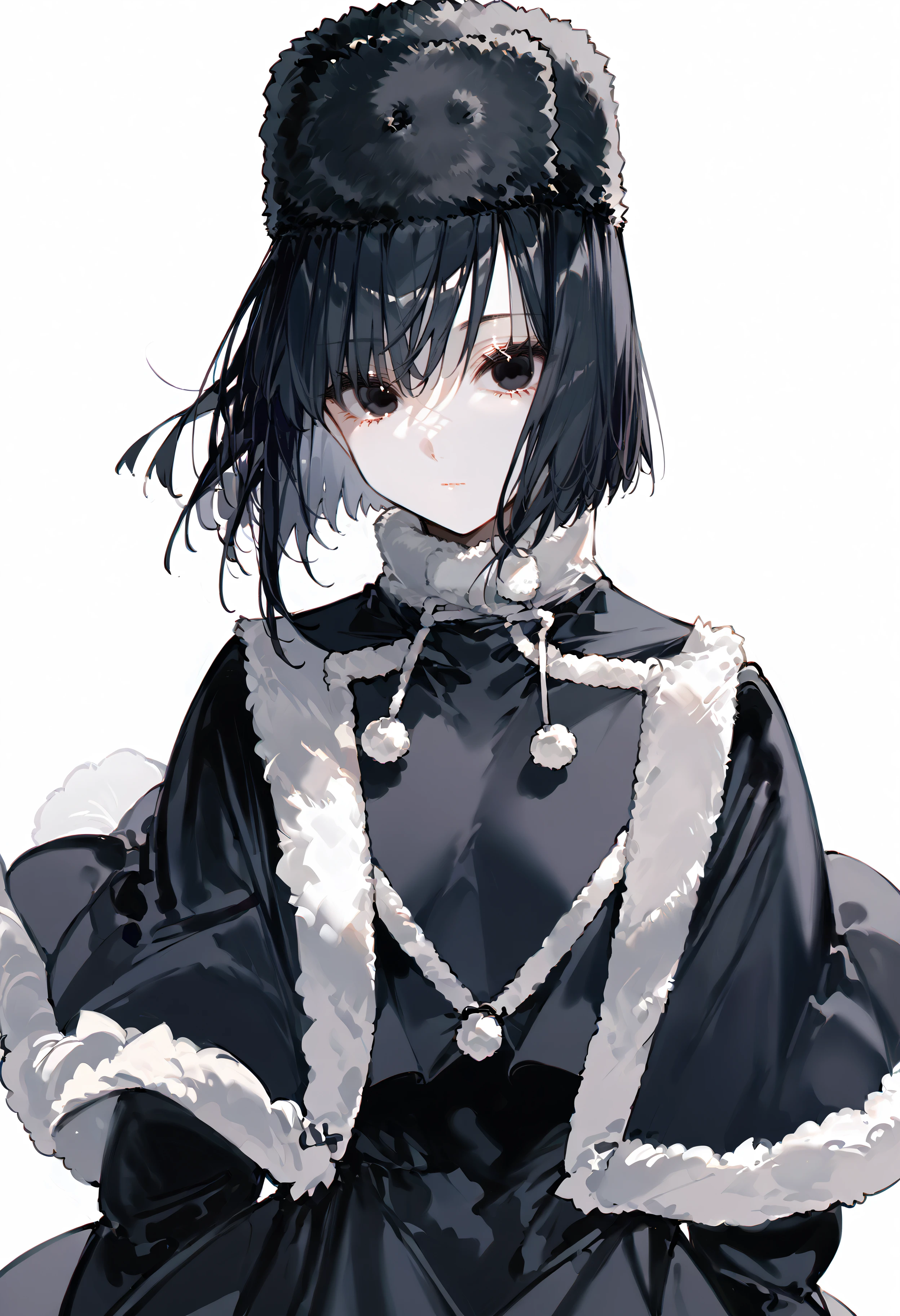 score_9, score_8_up, score_7_up, best quality, source_anime BREAK, 1girl, black eyes, black capelet, black dress, black hair, black gloves, fur-trimmed capelet, fur hat, white background, short hair, fur trim, simple background, looking at viewer, black headwear, long sleeves, ushanka, closed mouth, expressionless, fur-trimmed headwear, <lora:jNwFwFCQmXr3Wt1:1>