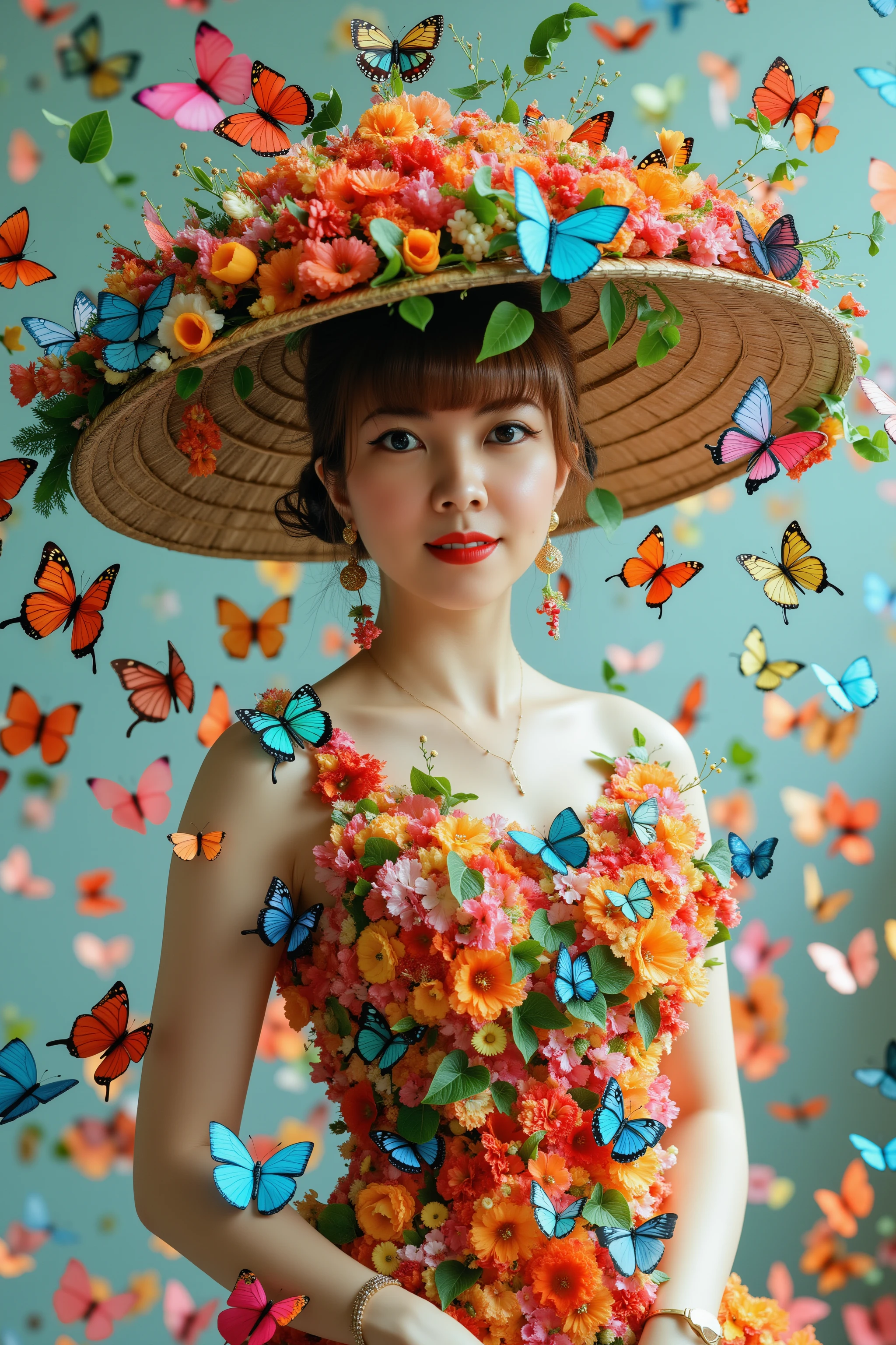 HanoiGirl, Girl Butterfly, A stunningly beautiful woman in traditional Vietnamese attire (ao dai) stands gracefully amidst a swarm of vibrant, colorful butterflies. She wears a large, intricately adorned hat made of flowers and foliage that cascades down her back, blending seamlessly into her dress, which is covered in similar floral decorations. The butterflies, in various shades of orange, red, blue, and green, flutter around her, enhancing the dreamlike, ethereal atmosphere. The overall scene is filled with a sense of natural beauty and elegance, with a soft focus that highlights the delicate details of the flowers and the woman's serene expression."








