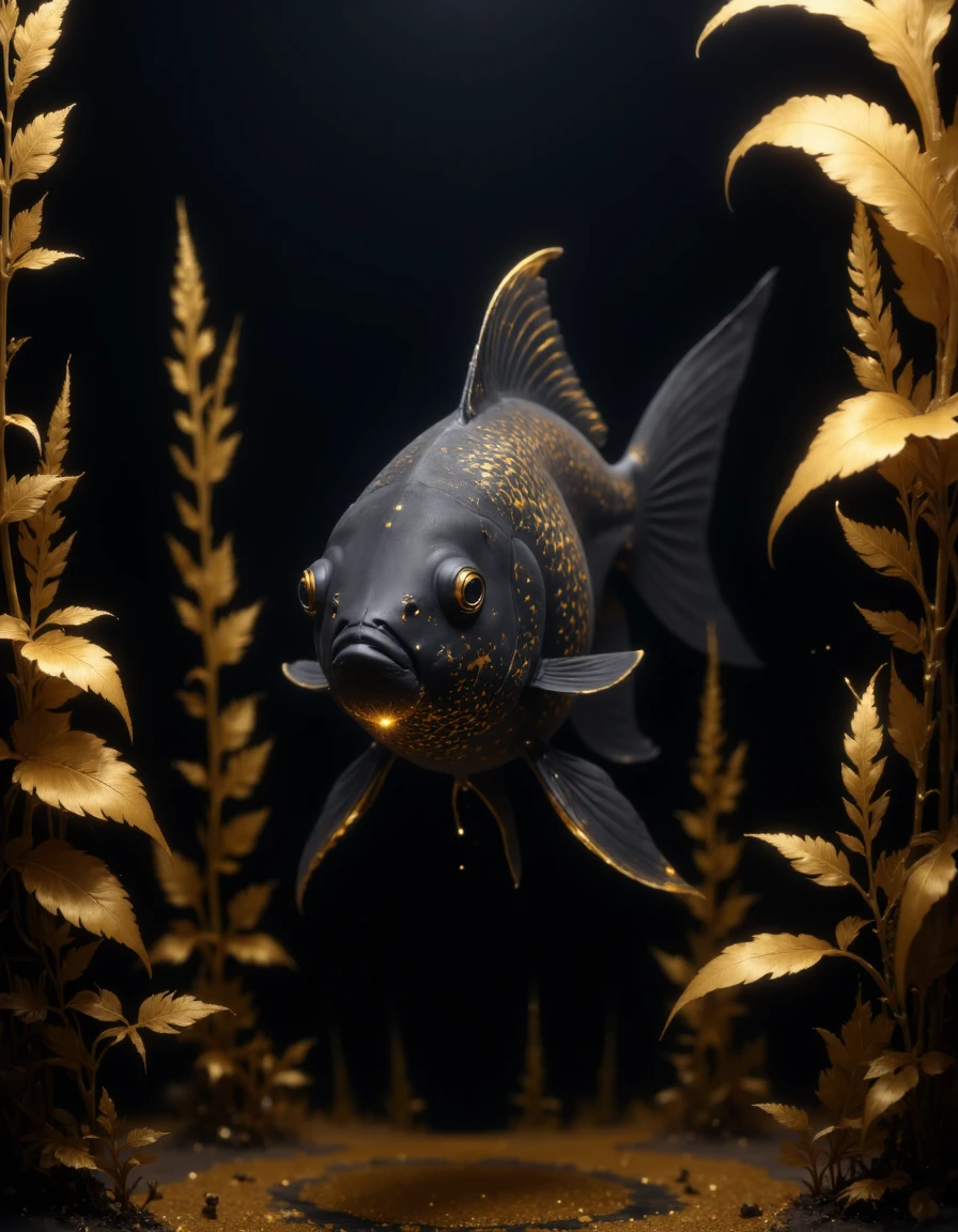 closeup shot of a black goldfish, surrounded by a forest of golden seaweed stretching into the horizon, glowing eyes,elegant gold trim covers the body,visually striking patterns made of gold, a golden glow can be seen between the blackened scales of the fish, breathtaking shot,black background, dynamic shot, background blur,a slight golden glow emanates from the ocean floor,dutch angle, looking at viewer, background blur, 1990's analog amateur photograph