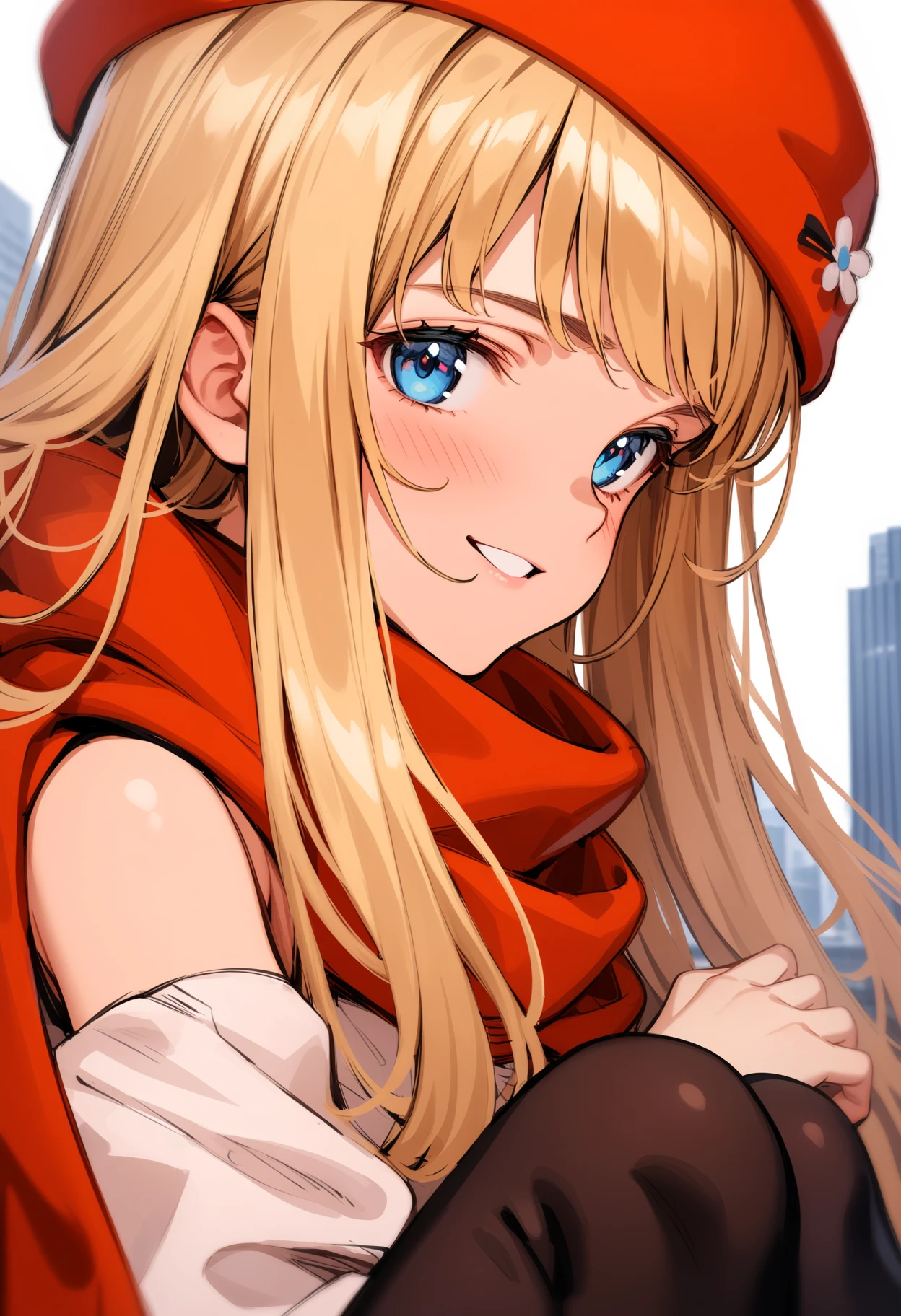 masterpiece,best quality,very aesthetic,absurdres,intricate details,1girl,
<lora:ema_v1:1>,ema,blue eyes,blonde hair,long hair,black thighhighs,looking at viewer,parted lips,bare shoulders,
city,Skyscraper,<lora:Fixhands_anime_bdsqlsz_V1:1>,blush,smile,simple background,hat,white background,scarf,sketch,coat,profile,red scarf,winter clothes,, masterpiece,best quality, very aesthetic, absurdres, ultra detailed, high resolution, 4k, extremely detailed CG,