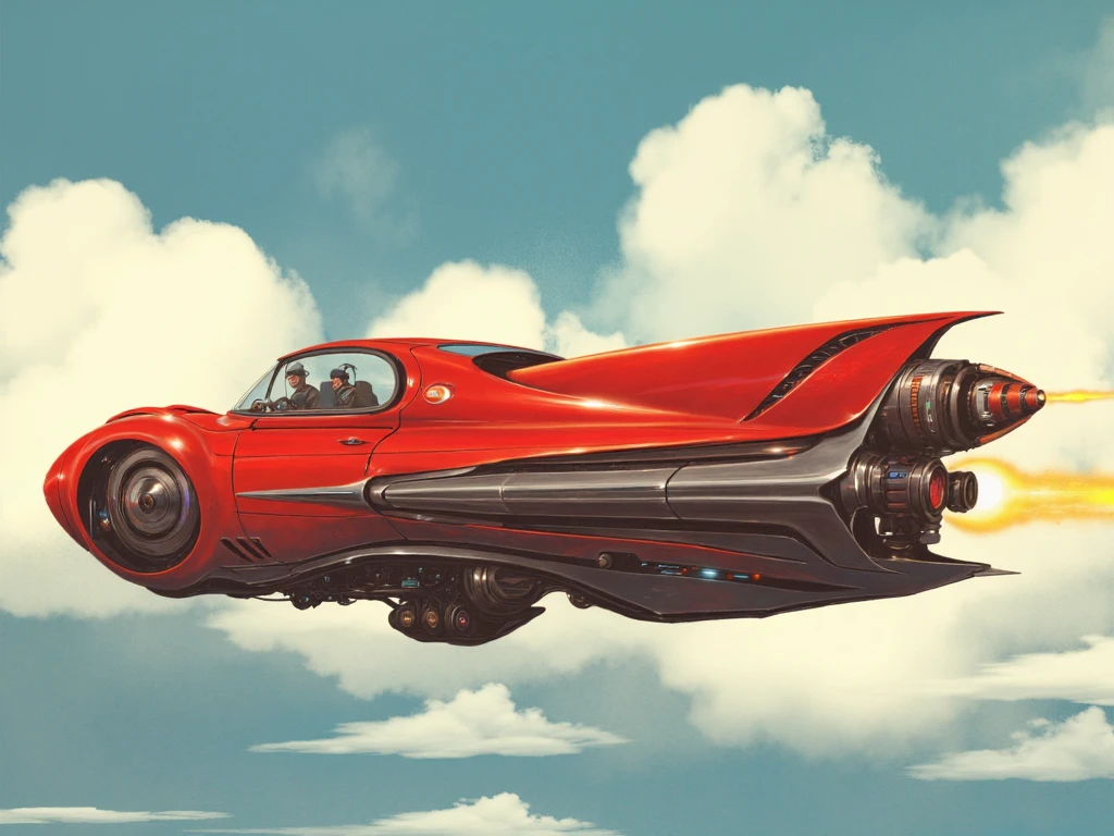 burda style illustration, grungetech, retrofuturistic car in streamlined design with rocket engine, <lora:SXZ_Burda_Flux:1>