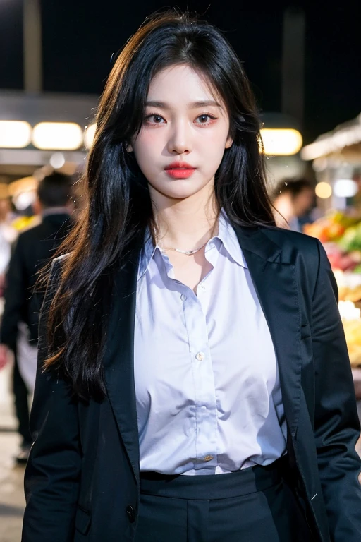 masterpiece, best quality, ultra-detailed, ultra high res, (photorealistic:1.4), raw photo, (realistic:0.2), 8k HDR, realistic lighting, looking at viewer, 1girl, solo, asymmetrical hair, outdoor, sky, (traditional market:1.2), bokeh, (detailed lips), (day), (detailed pores), (detailed skin textures), (detailed face:1.2), (body:1.2), a woman portrait in a light black suits, cowboy shot, thigh gap, white collared shirts,