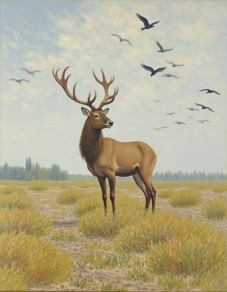 a majestic stag standing in a clearing, with a flock of birds flying overhead, distinctive style, by Claude Monet