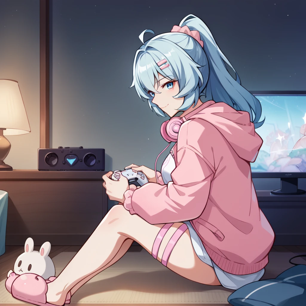 score_9_up, score_8_up, score_7_up, source_anime, 1girl, solo, Shigure, Kira_Paja, night time, dimmed light, lamp, sitting on floor, bend knees, pink slippers, holding controller with both hands, looking at you, from side, side profile, tv screen, gaming, serious smile, closed mouth, light blue hair, high ponytail, blue eyes, pink jacket, open jacket, white shirt, hooded jacket, oversized shirt, long sleeves, pink sleeves, pink hairclip, pink scrunchie, pink headphones, headphones around neck, thigh strap, mature body, dynamic cowboy shot, indoors, bedroom background