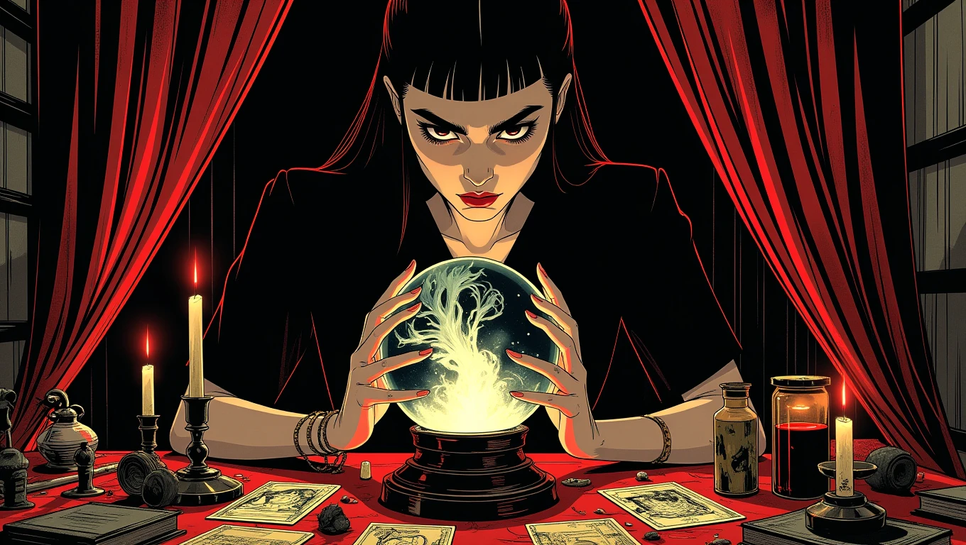 Pulp Cartoon. An enigmatic fortune teller in a dimly lit room, her hands hovering over a crystal ball. Her eyes are intense, peering into the swirling mists within the glass. The table in front of her is cluttered with tarot cards, candles, and strange artifacts, creating an atmosphere thick with mystery
<lora:The_Pulp_Session:0.7>