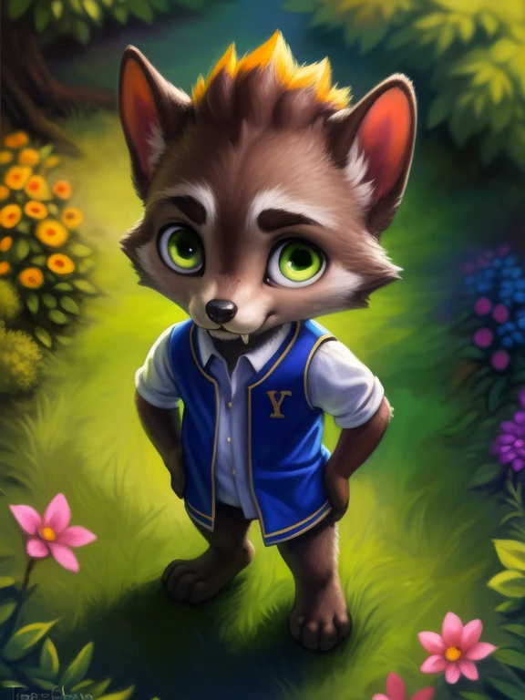 <lora:LoboSupMonYif:0.8> LoboSupMon, werewolf, green eyes, white shirt, green vest, fangs, chibi,
Looks at the viewer,    ((Hands on hips, standing, high-angle view,))
[ large window, (nature), forest, grass, day shining, clouds, flowers, blanket, blue pillows, ](solo focus),
(beautiful, aesthetic, perfect, delicate, intricate, saturated colors), masterpiece, digital drawing, best quality,
[by kenket|by totesfleisch8], by thebigslick:by silverfox5213:0.8], [by syuro, by paloma-paloma::0.2, (Tricksta, TotesFleisch8)