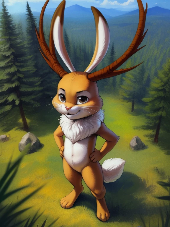 <lora:JackalopeBenYif:1> JackalopeBen,  , rabbit, Jackalope, horns, pink nose,  white sclera, nude, chibi, 
Looks at the viewer, ((Hands on hips, standing, high-angle view,))
[ large window, (nature), forest, grass, day shining, clouds, flowers, blanket, blue pillows, ](solo focus),
(beautiful, aesthetic, perfect, delicate, intricate, saturated colors), masterpiece, digital drawing, best quality,
[by kenket|by totesfleisch8], by thebigslick:by silverfox5213:0.8], [by syuro, by paloma-paloma::0.2, (Tricksta, TotesFleisch8)