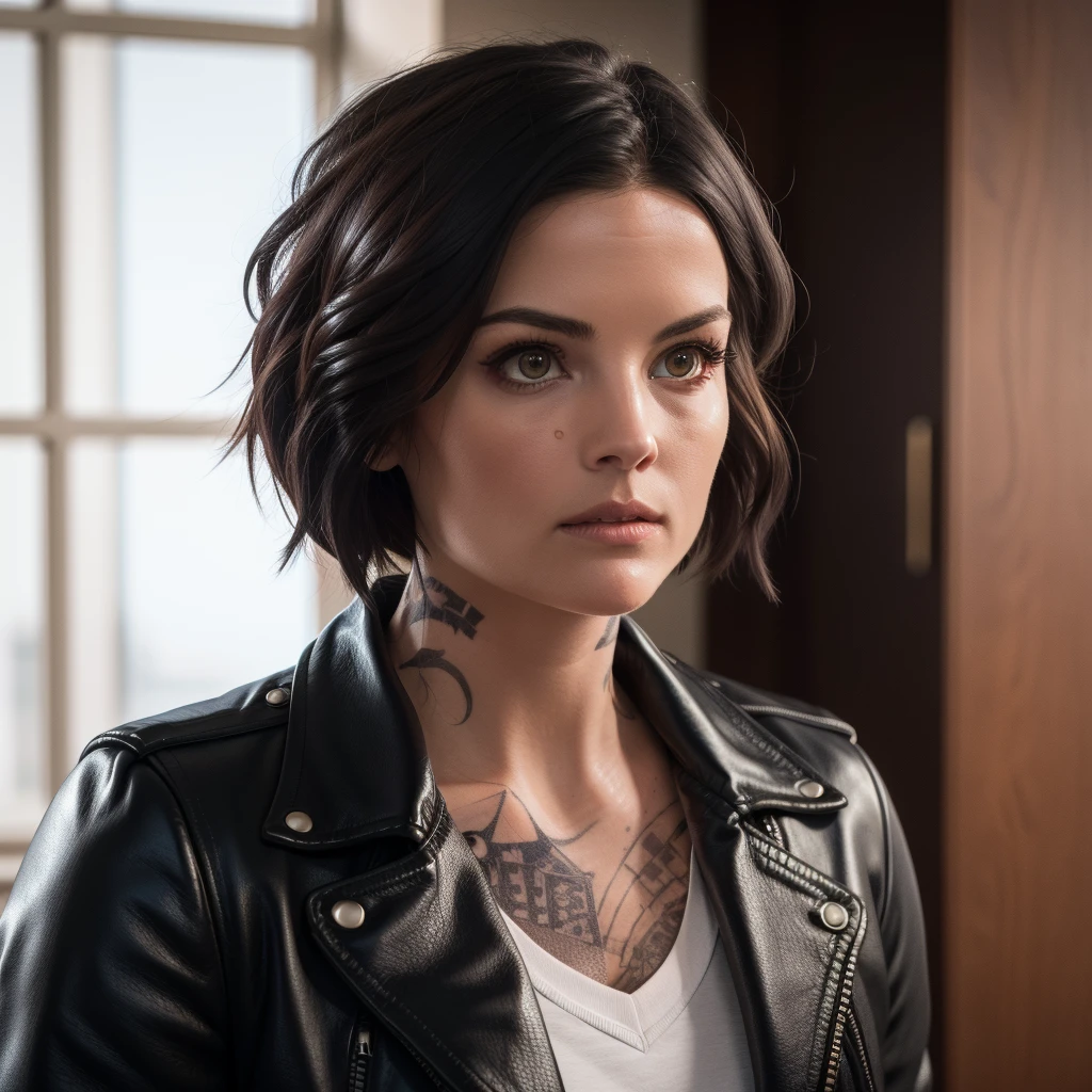 Best_QualityPos, RAW photo, intricate details, best quality, 8k hdr, soft lighting, 1girl, solo, blindjane, black hair, short hair, brown eyes, black leather jacket, long sleeves, white shirt, tattoo, expressionless <lora:Jane_Doe:0.7>