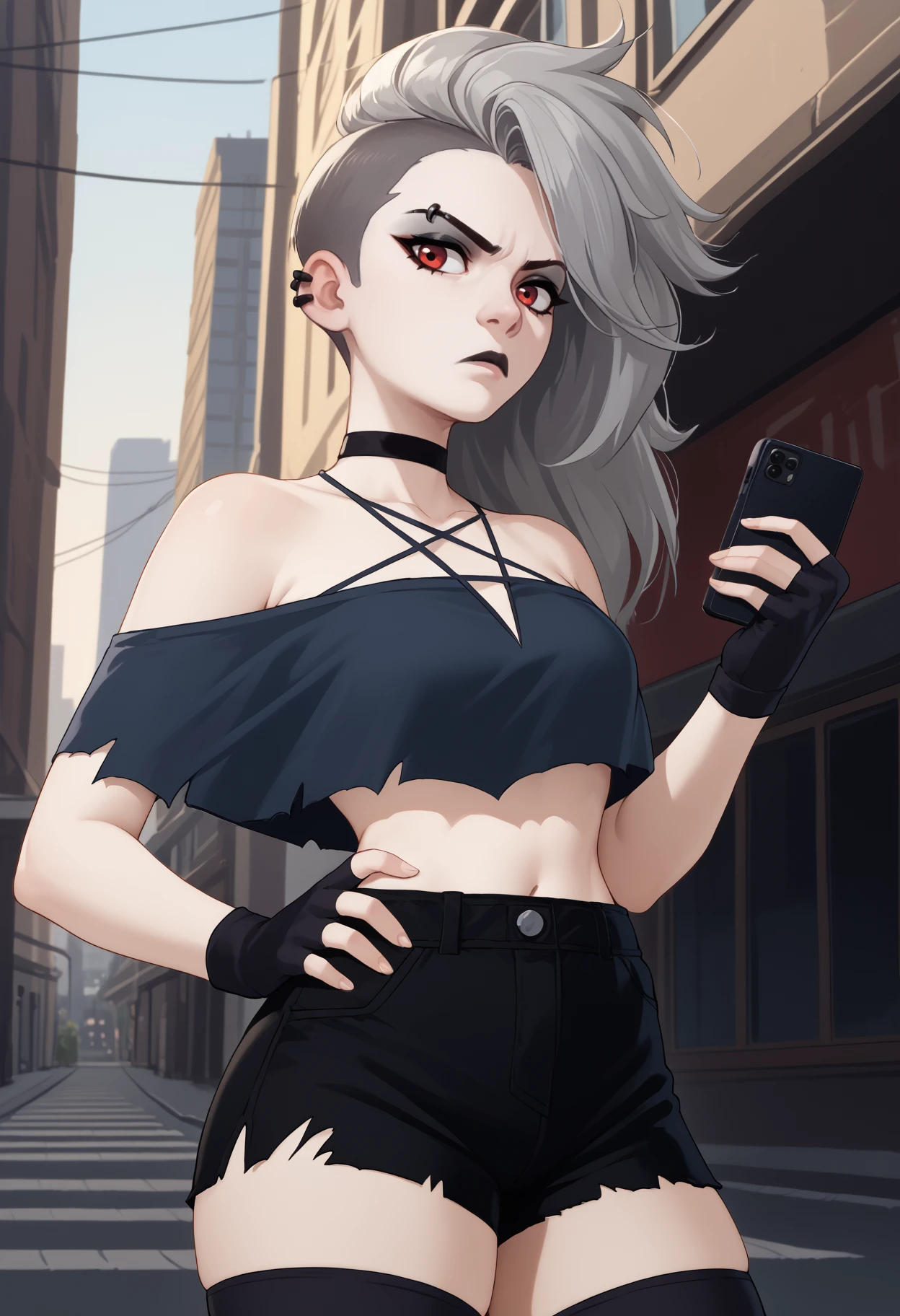 score_9, score_8_up, score_7_up, source_anime, <break> solo, 1girl, humanl00na, makeup, eyeshadow, black lips, unamused, looking at viewer, standing, holding phone, hand on own hip, grey hair, undercut, torn clothes, black shirt, off-shoulder shirt, crop top, criss-cross halter, black gloves, fingerless gloves, black shorts, short shorts, torn shorts, black thighhighs, eyebrow piercing, ear piercing, earrings, black choker, bare shoulders, outdoors, city
<segment:yolo-face_yolov8m.pt,0.4,0.5//cid=1>