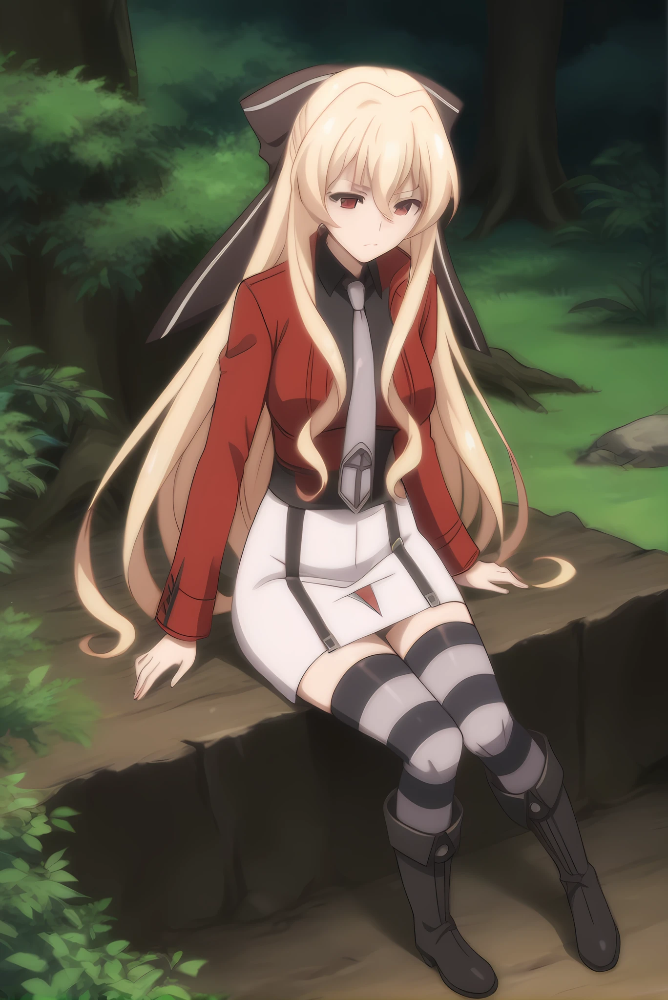 (red jacket necktie black shirt white skirt striped thighhighs black boots), mt-leticia-mature, mature, aged up, blonde hair, hair bow, 1girl, solo, skinny, feet, score_9, score_8_up, score_8, score_7_up, score_7, source_anime, horny, forest, (full body|sitting|standing|lying|:1.20), <lora:mt-leticia-V01-000004:0.80>