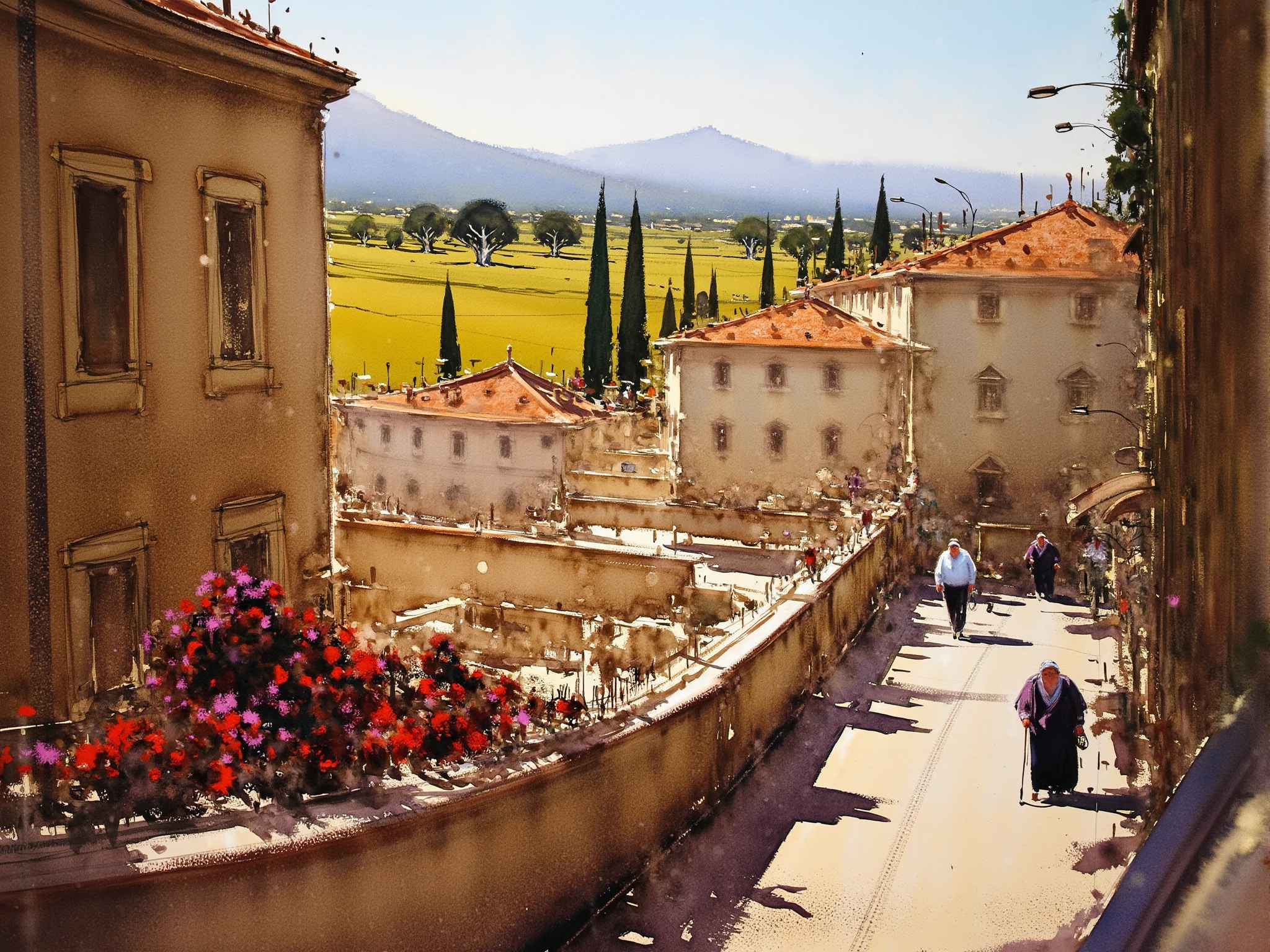 a quiet moment in a small Italian village, viewed from an overhead angle, as if from a window or balcony above the street. The narrow, cobblestone street below curves gently through the village, its surface glowing warmly under the midday sun. The tightly packed houses that line the street are adorned with classic Italian architectural details—ornate cornices, terracotta roof tiles, and balconies with intricate wrought-iron railings. The facades are aged and weathered, with peeling plaster revealing patches of ancient stonework. On one balcony, vibrant red and pink geraniums spill over the edge, adding a splash of color to the scene. Two villagers are walking in the middle distance; one is a stooped, elderly woman in traditional dress, moving slowly as she clutches a cane. The other is a man, casually dressed, walking a few steps behind her. The background of the image reveals a stunning Italian landscape—a patchwork of golden fields, dotted with olive trees and cypress, stretching towards the horizon where distant mountains loom under a clear blue sky.