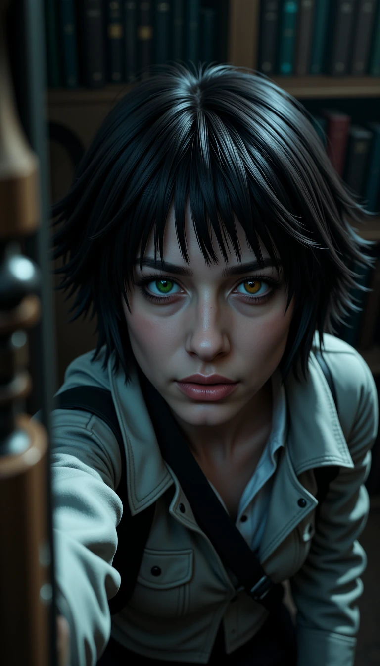 A hyper realistic photorealistic professional photography of a serious 30 year old c45u4l4de woman. She is in a haunted library background. from above Aiming a bow and arrow at the target.
She has black messy short and wide hair, and her left eye is (green:0.4) while her right eye is (orange:0.4) as she has heterochromia and heterochromic eyes. She is doing a jealous expression. (She also has a slight faded scar going across her nose.:0.3). She is wearing baggy clothes.
She is in a marsh background.