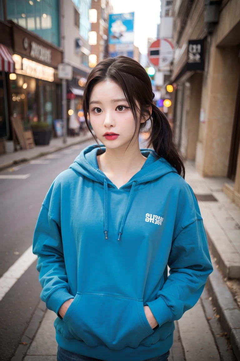 upper body photo of nmixxsullyoon in blue hoodie, makeup, streets, day, hard shadows, (photorealistic:2.0), <lora:nmixxsullyoon-v03:1>